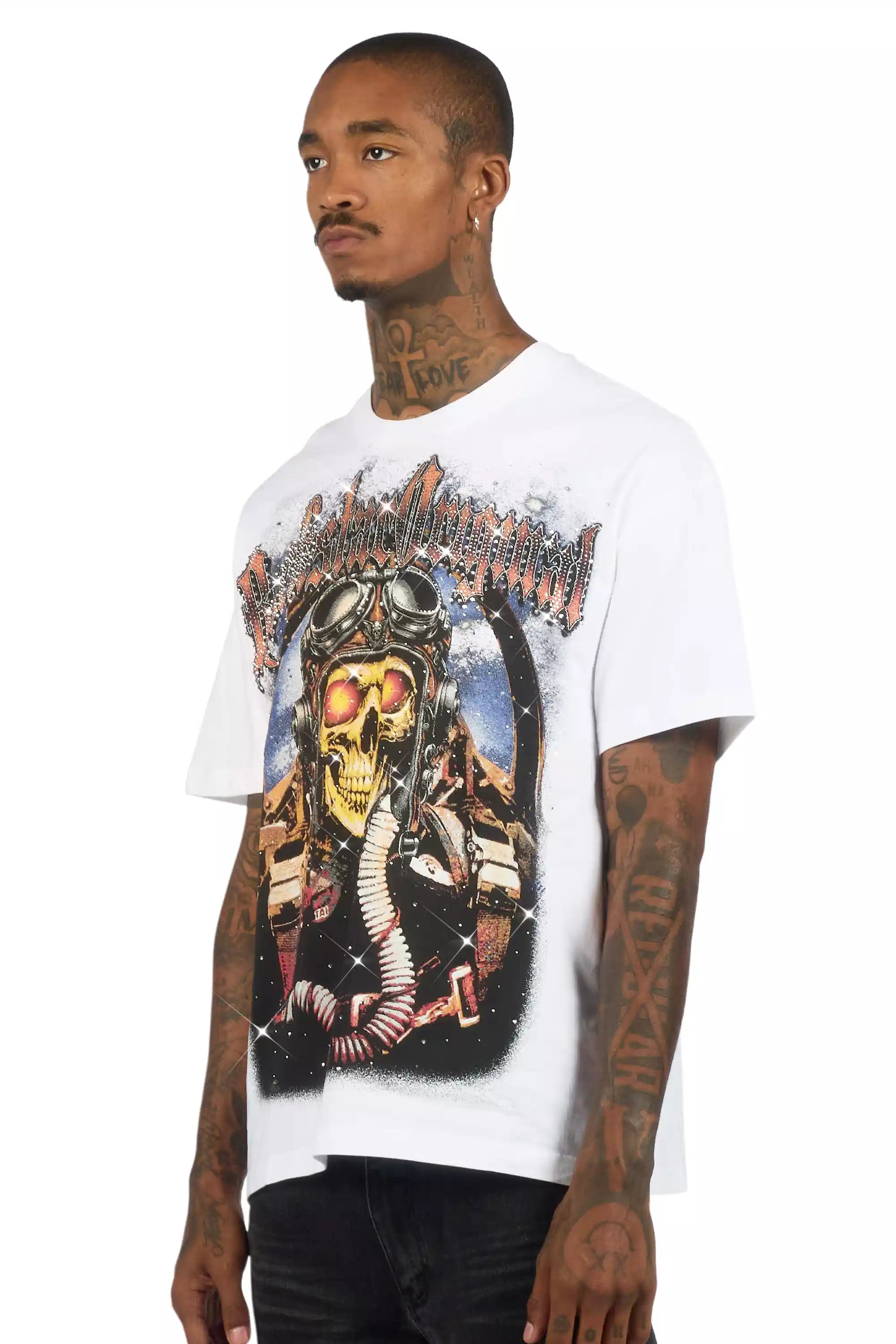 Airhart White Graphic Rhinestone T-Shirt