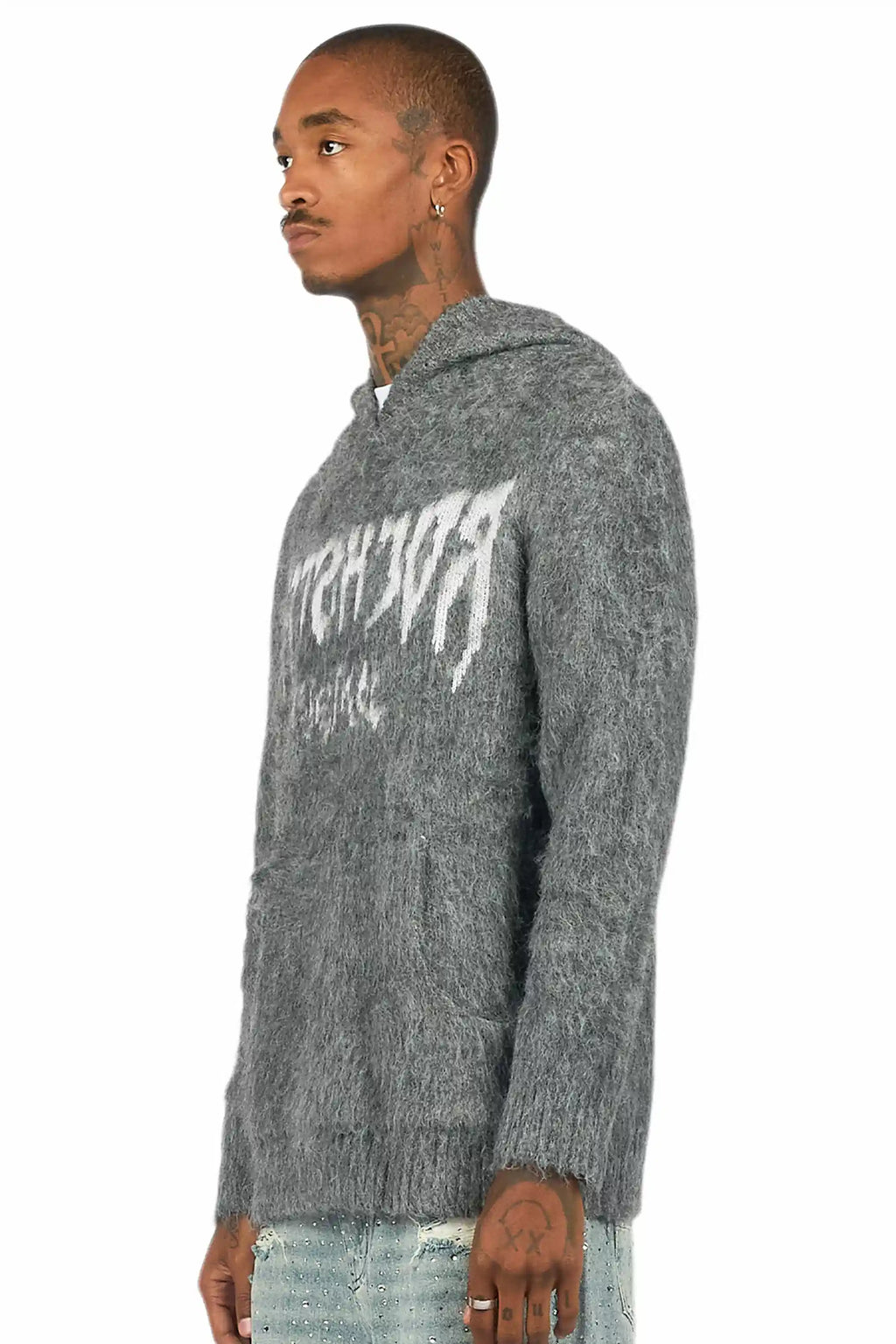 Andros Reflected Grey Graphic Knitted Mohair Hoodie