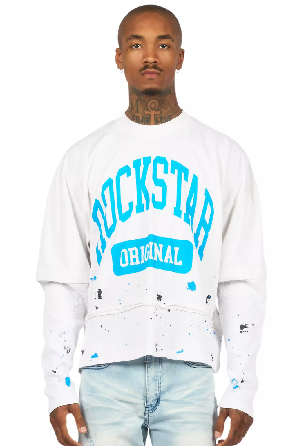 Rainer White/Blue Boxy Crop Double Layer Tee