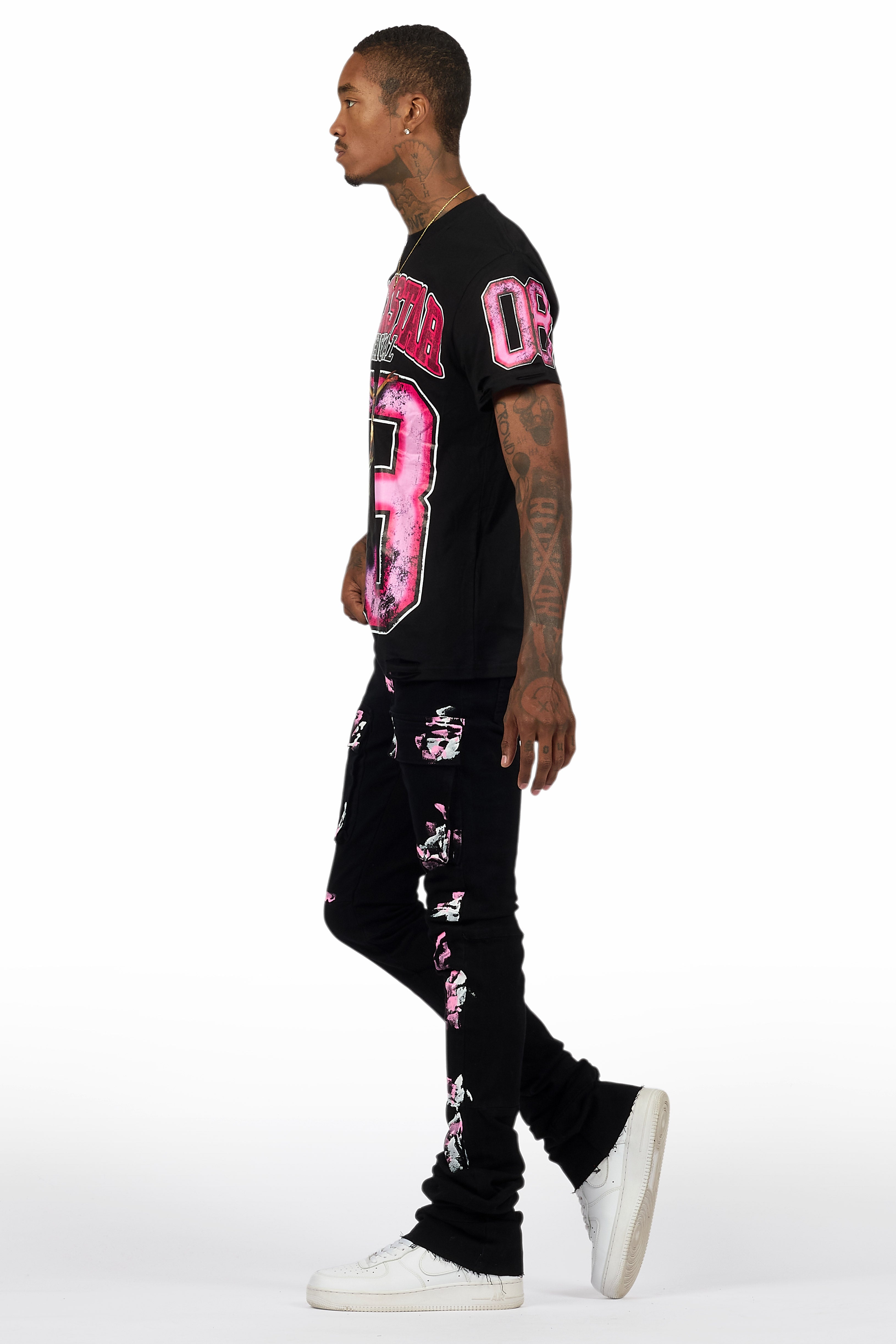 Fields Black T-Shirt/Nello Painted Super Stacked Flare Jean Set