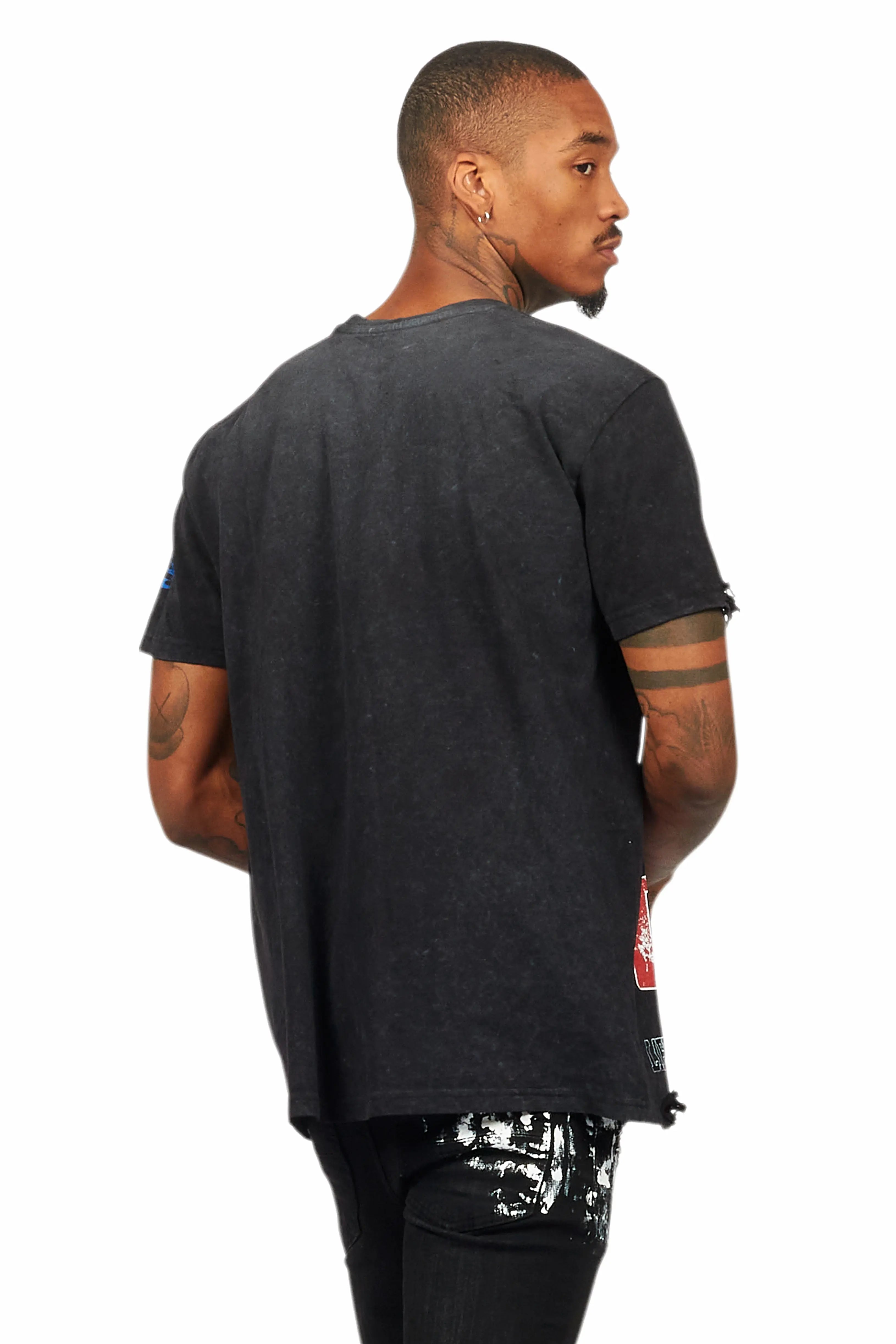 Colorful Race Vintage Black Oversized Distressed Graphic T-Shirt