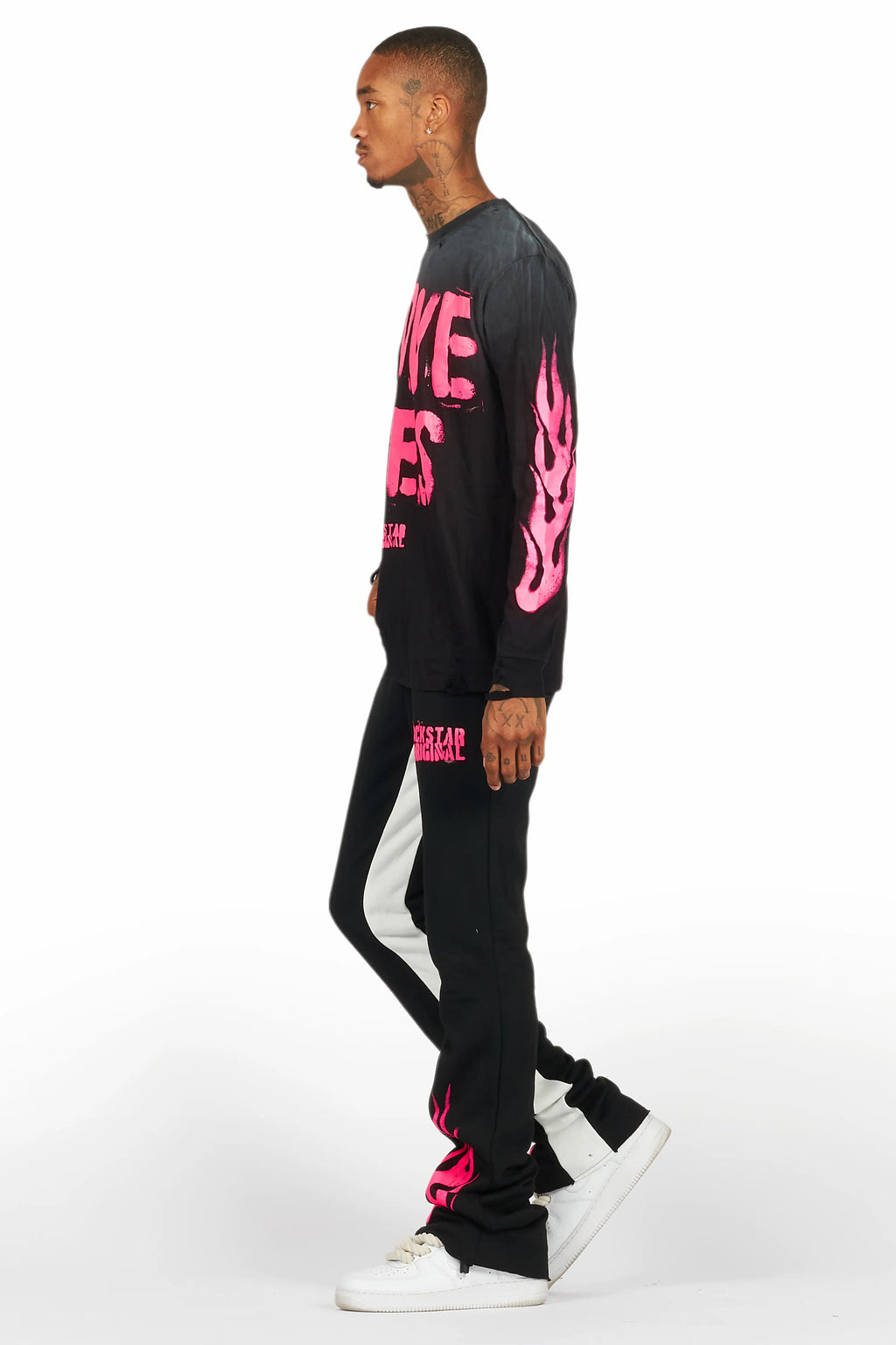 Banyan Black/Pink Long Sleeve T-Shirt/Stacked Baggy Track Pant Set