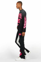 Banyan Black/Pink Long Sleeve T-Shirt/Stacked Baggy Track Pant Set