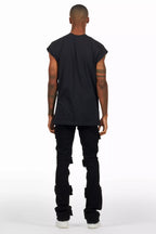 Orien Jet Black Painter Stacked Flare Jean