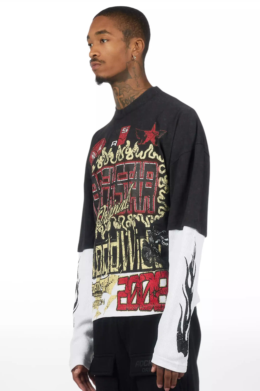 Deangelo Vintage Black/Red Boxy Crop Double Layer Tee