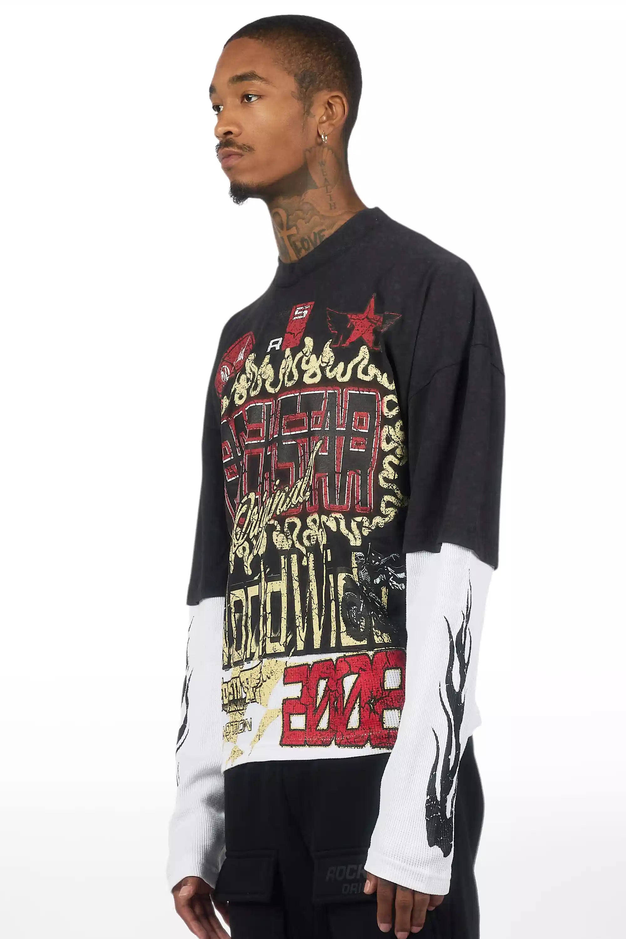 Deangelo Vintage Black/Red Boxy Crop Double Layer Tee