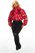Marionna Red Tapestry Puffer Jacket