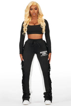 Kendra Black Fringe Stacked Flare Track Pant