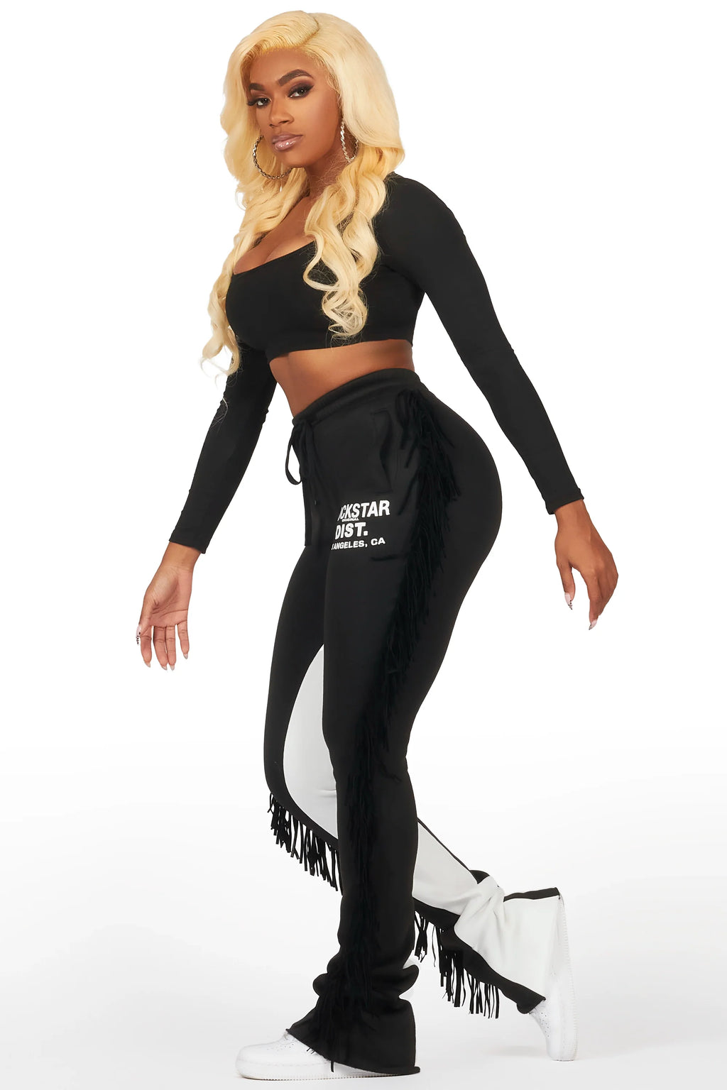 Kendra Black Fringe Stacked Flare Track Pant