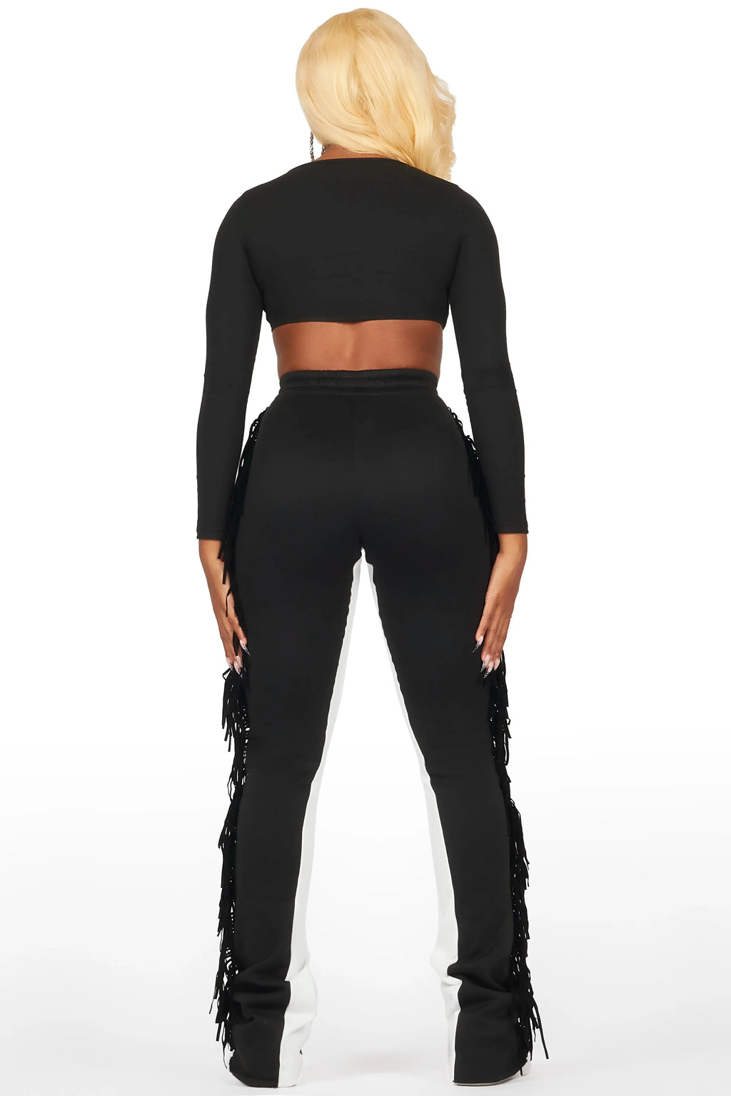 Kendra Black Fringe Stacked Flare Track Pant
