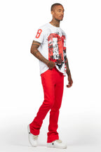 Grill White/Red Oversized Graphic T-Shirt/Dag Stacked Flare Jean Set