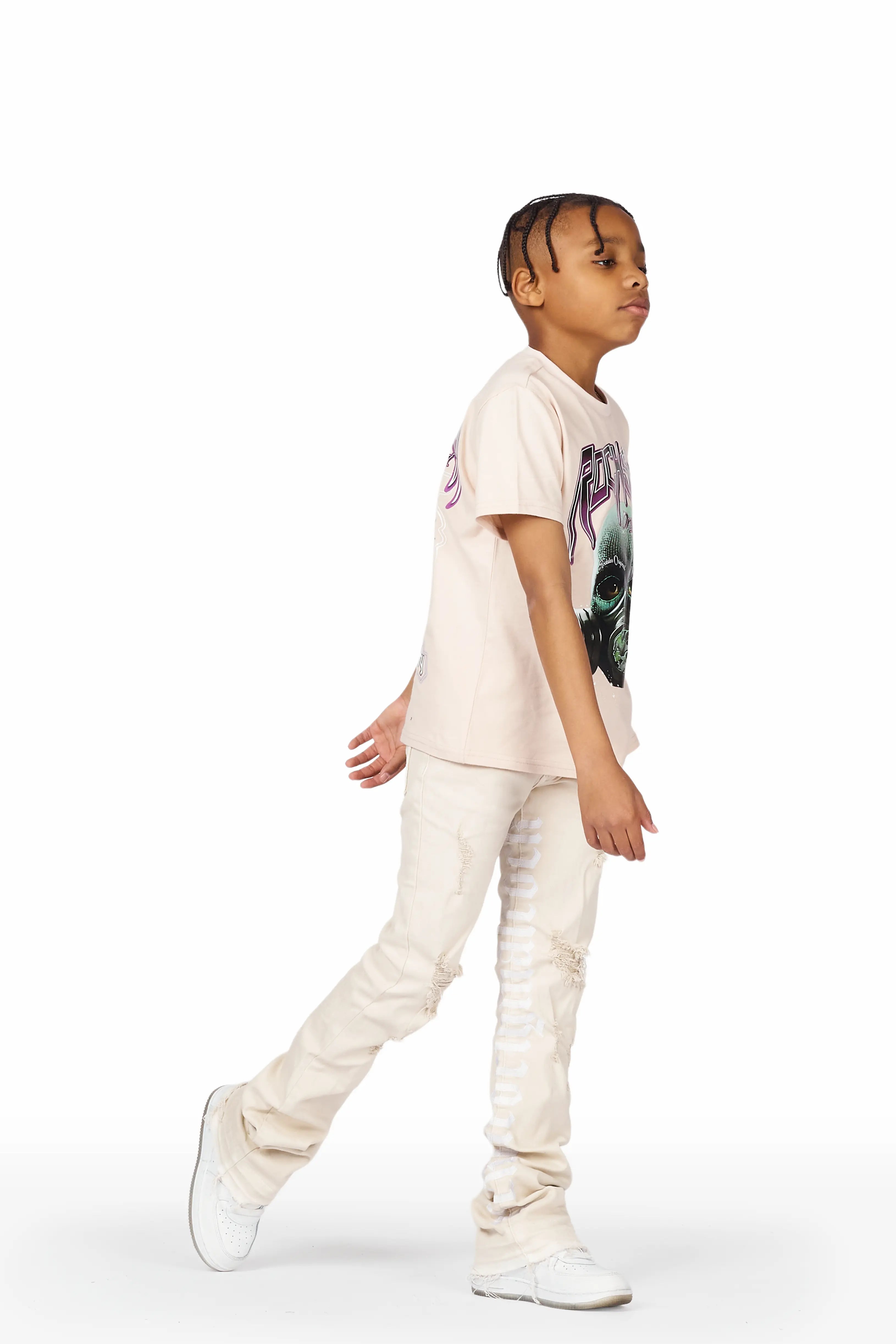 Boys Xenos Beige T-Shirt/Super Stacked Flare Jean