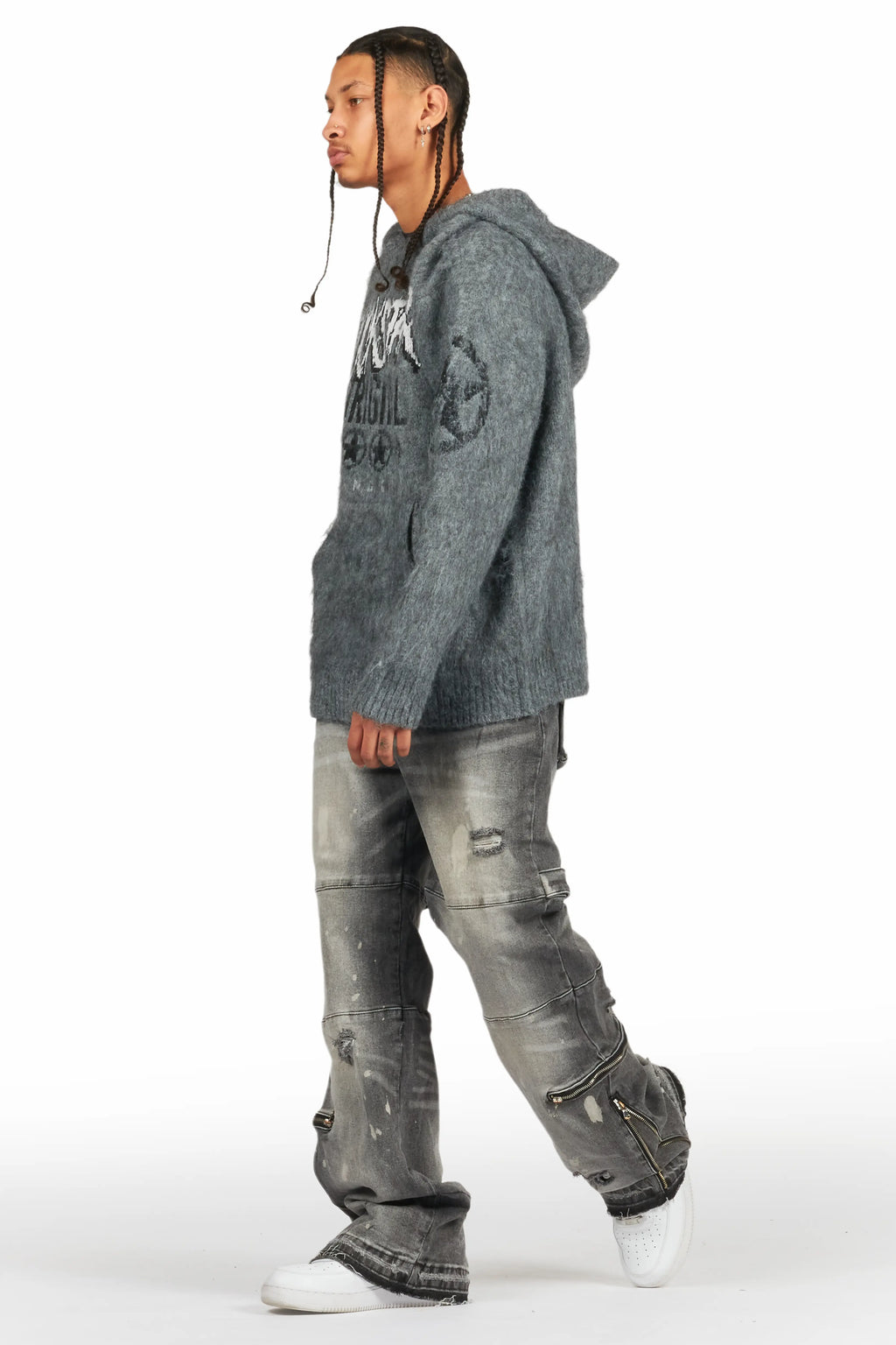 Wizzurd Grey Graphic Knitted Mohair Hoodie