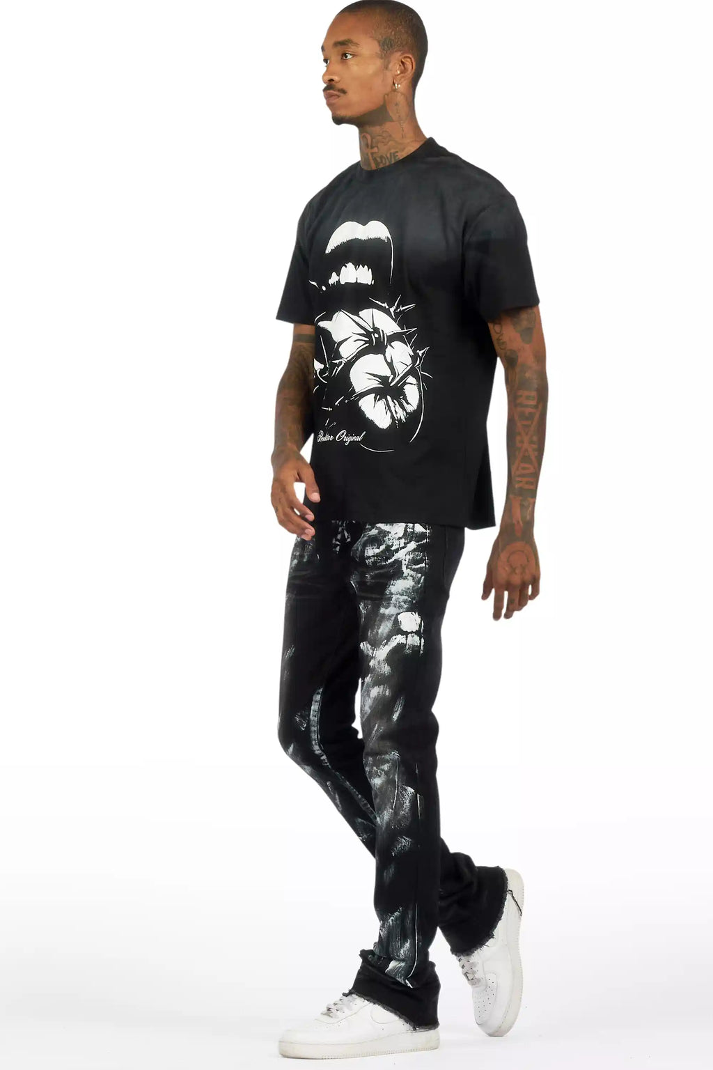 Schmear Black Oversized Graphic T-Shirt/Painted Stacked Flare Jean Bundle