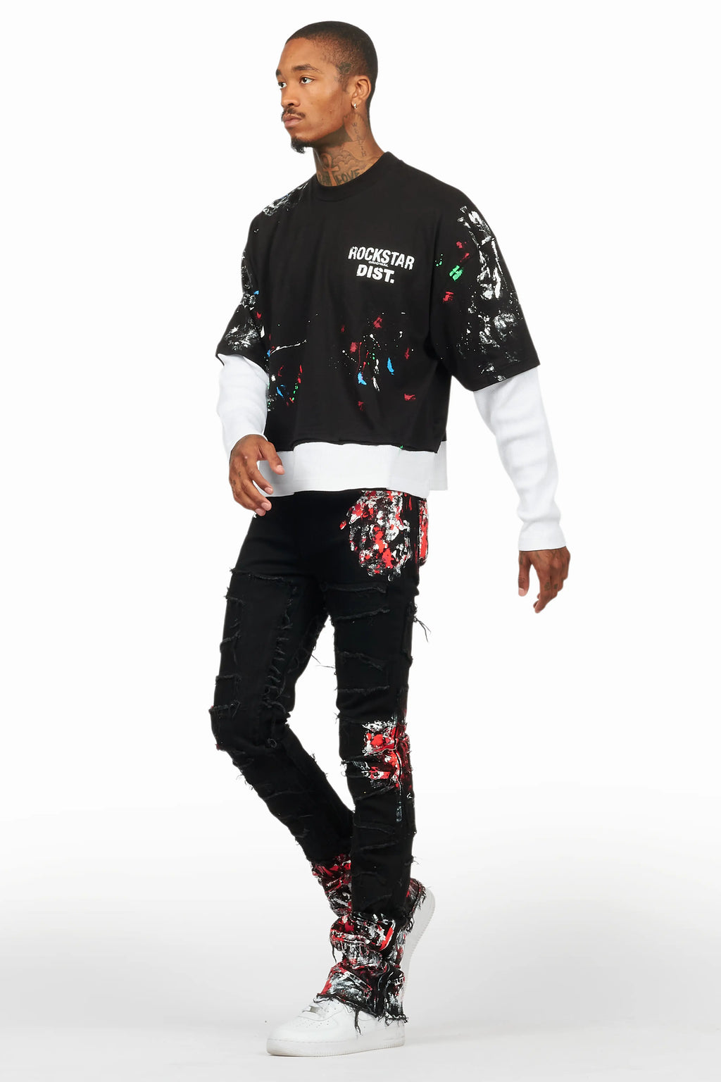 Kodak Black/Red Painter Stacked Flare Fringe Jean