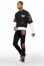 Kodak Black/Red Painter Stacked Flare Fringe Jean