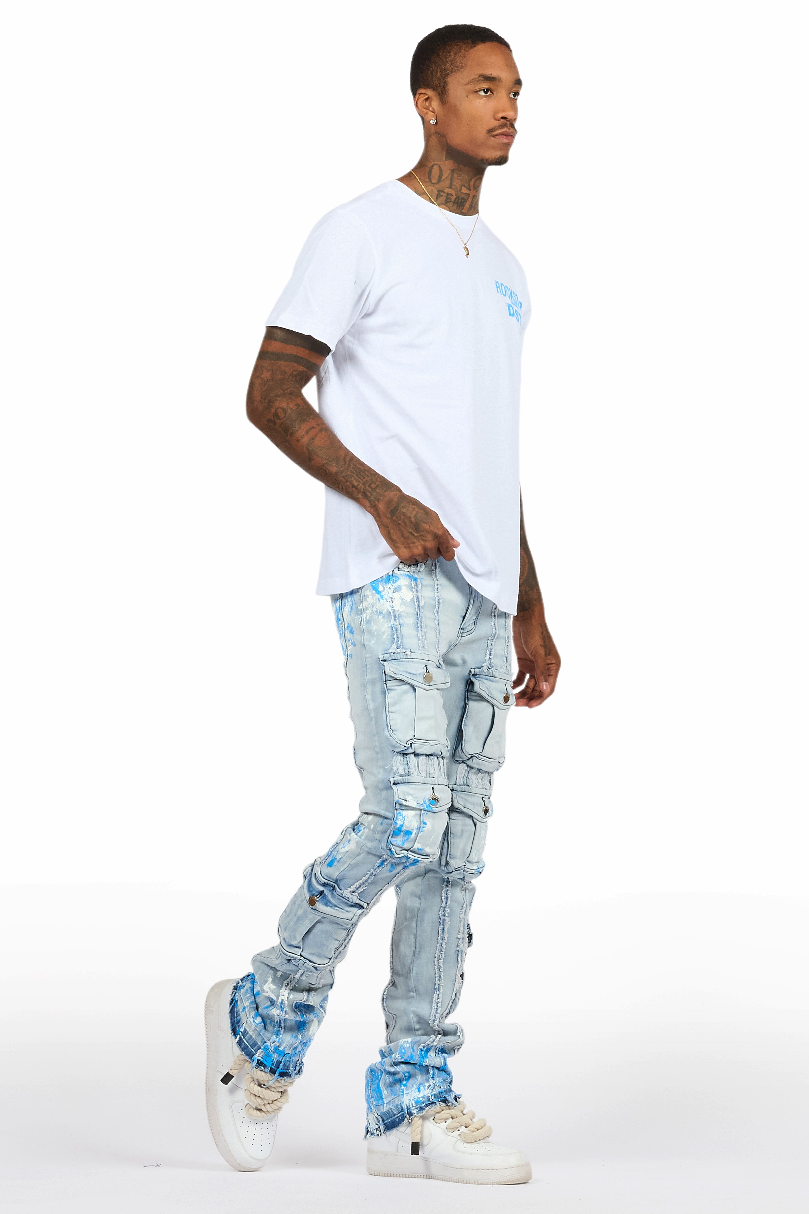 Quentin White/Blue T-Shirt/Stacked Flare Jean Set
