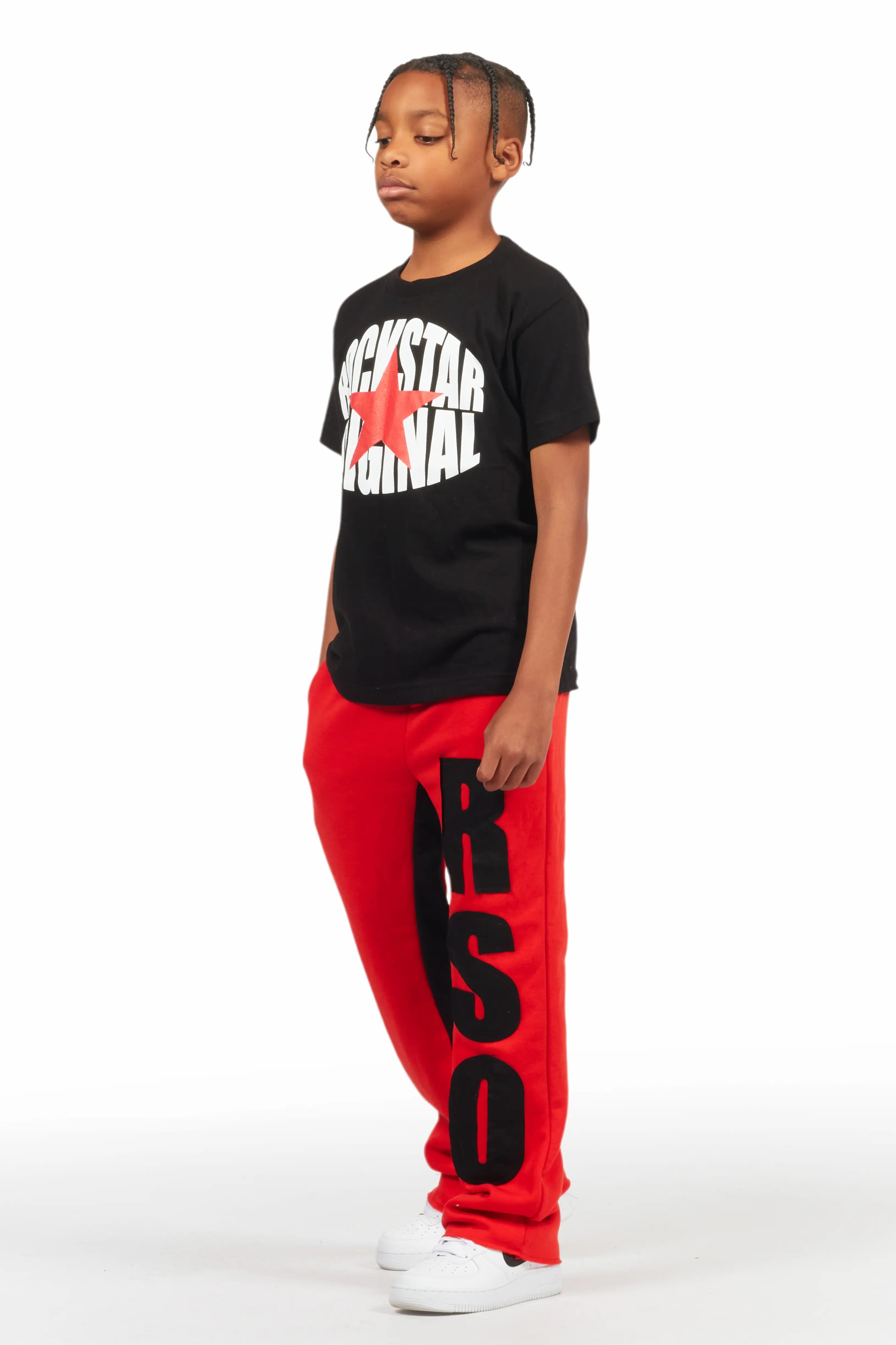 Boys Uko Red Stacked Baggy Flare Pant