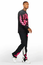 Banyan Black/Pink Long Sleeve T-Shirt/Stacked Baggy Track Pant Set