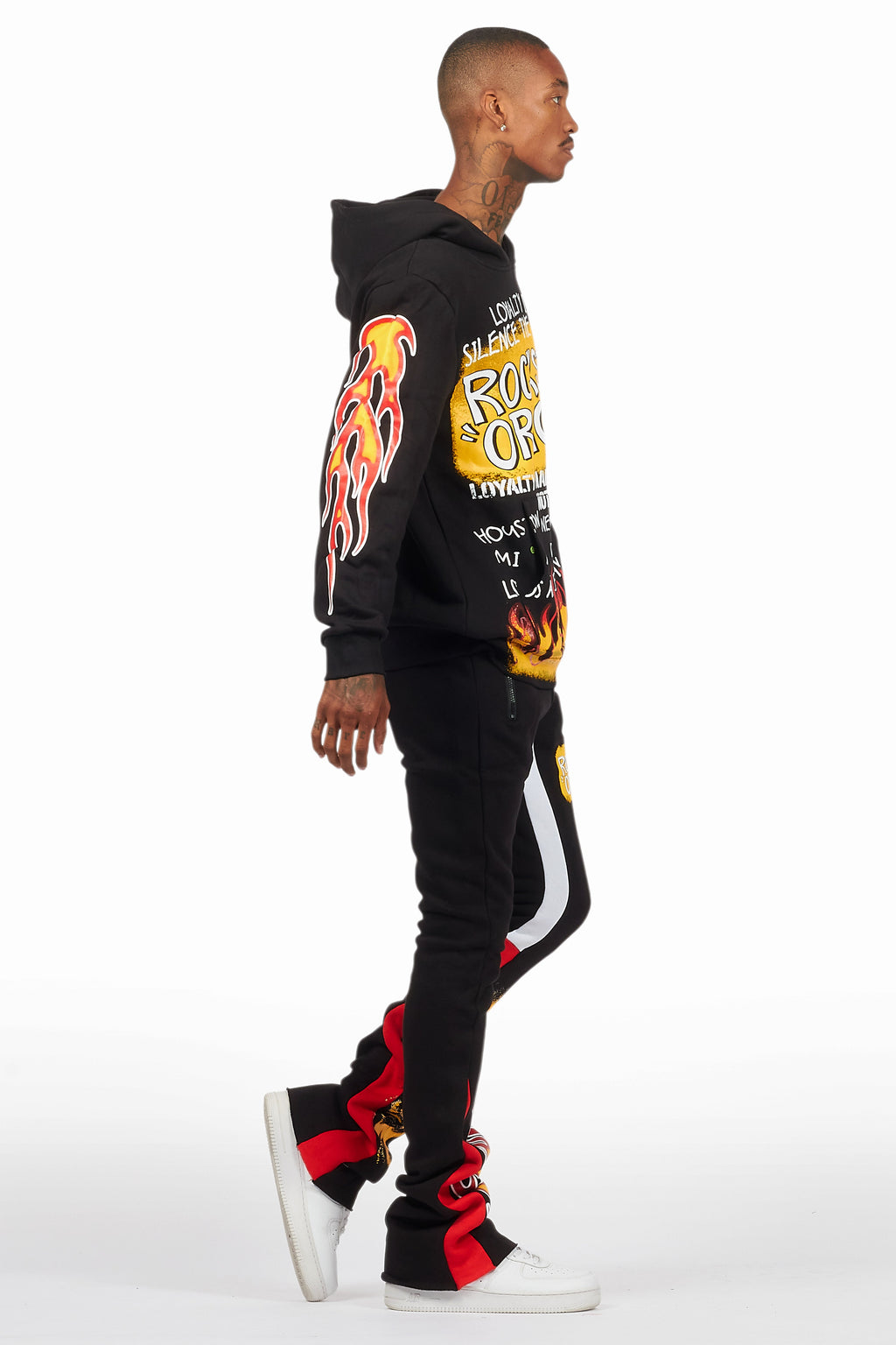 Beno Black/Yellow Stacked Flare Hoodie Track Set