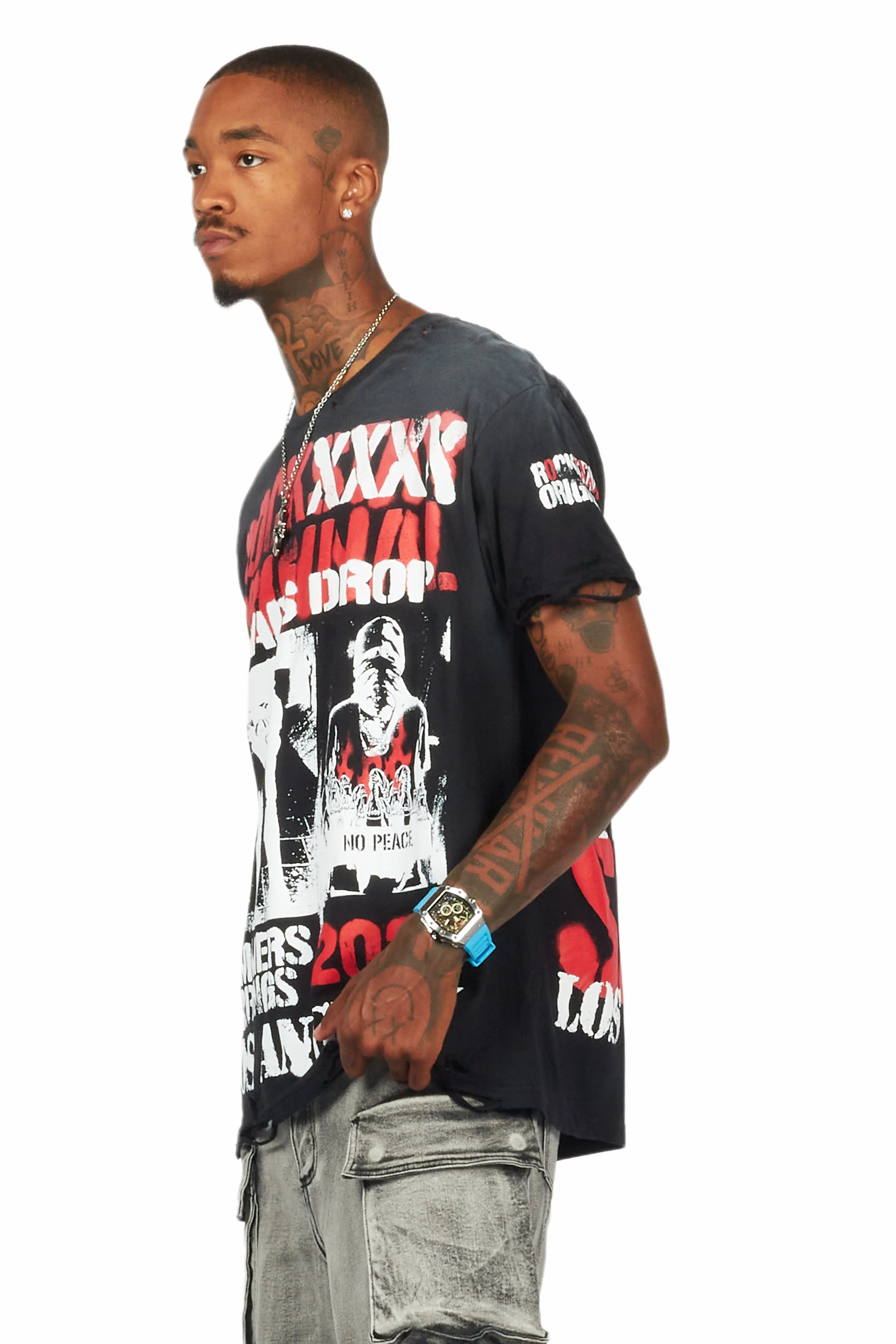 Omer Black Oversized Graphic T-Shirt
