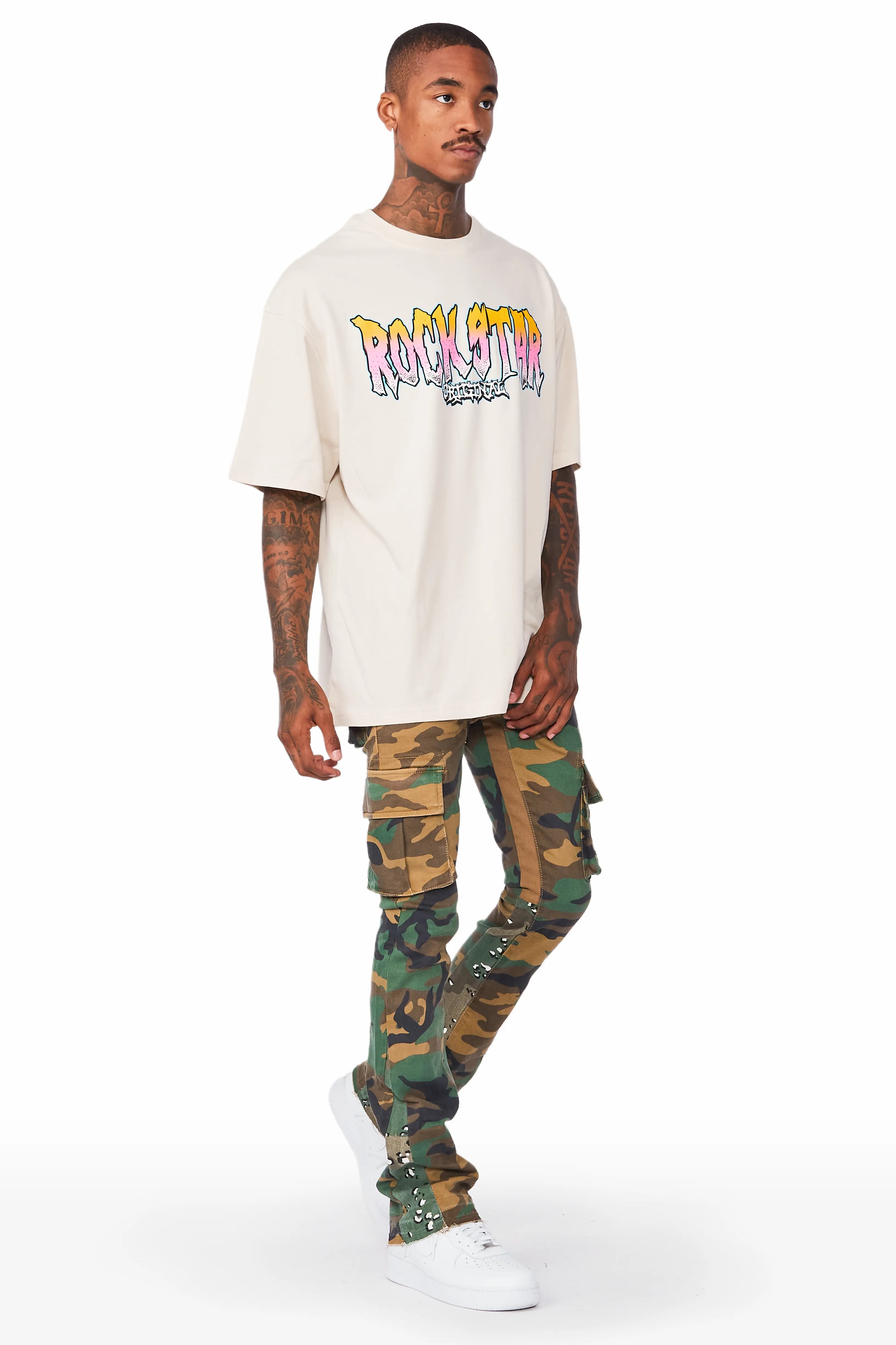 Kirrem Faded Camo Stacked Flare Jean