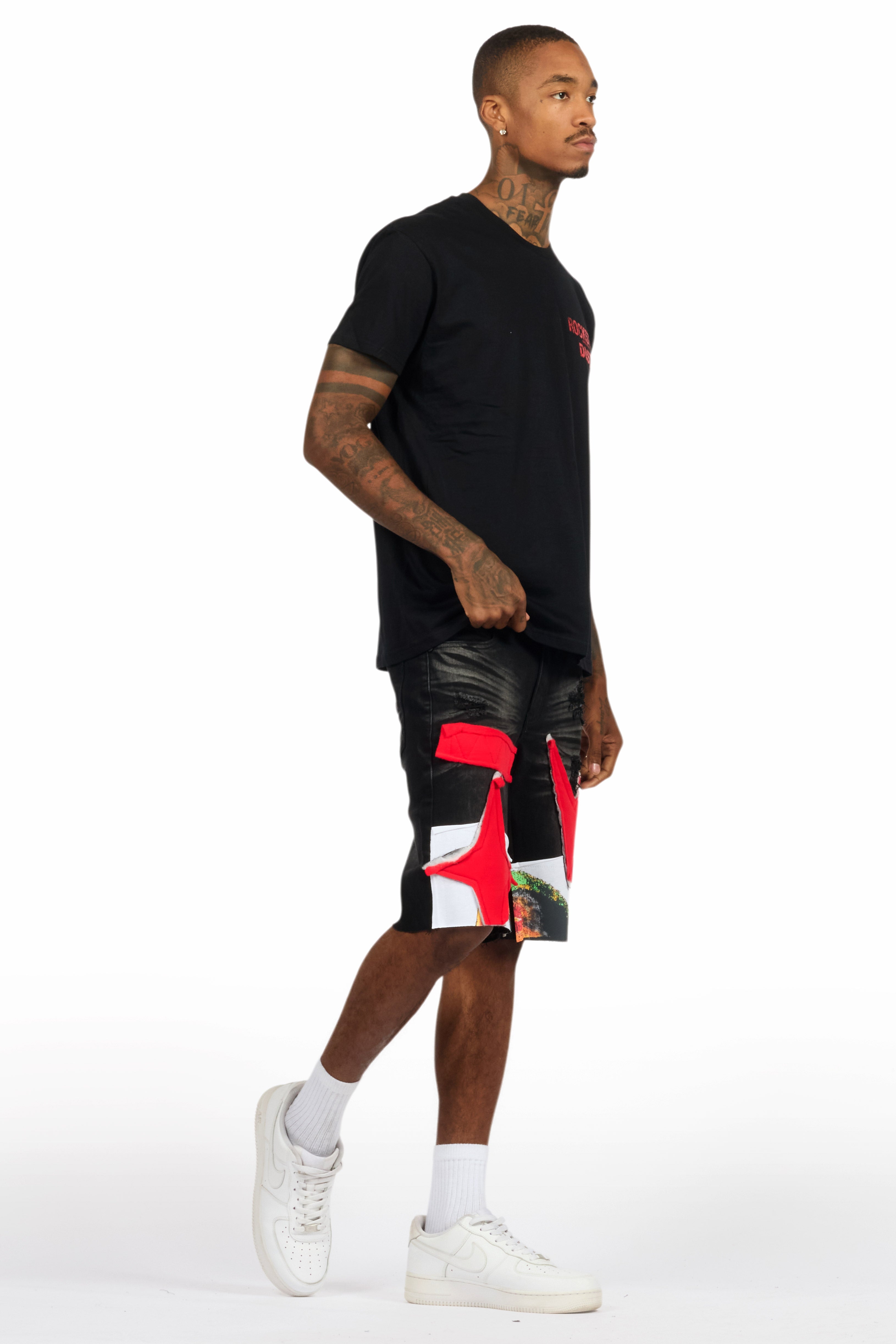 Akos Black/Red T-Shirt/Denim Short Set