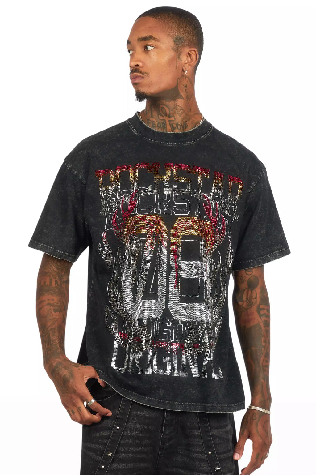 Veyene Black Graphic Rhinestone T-Shirt