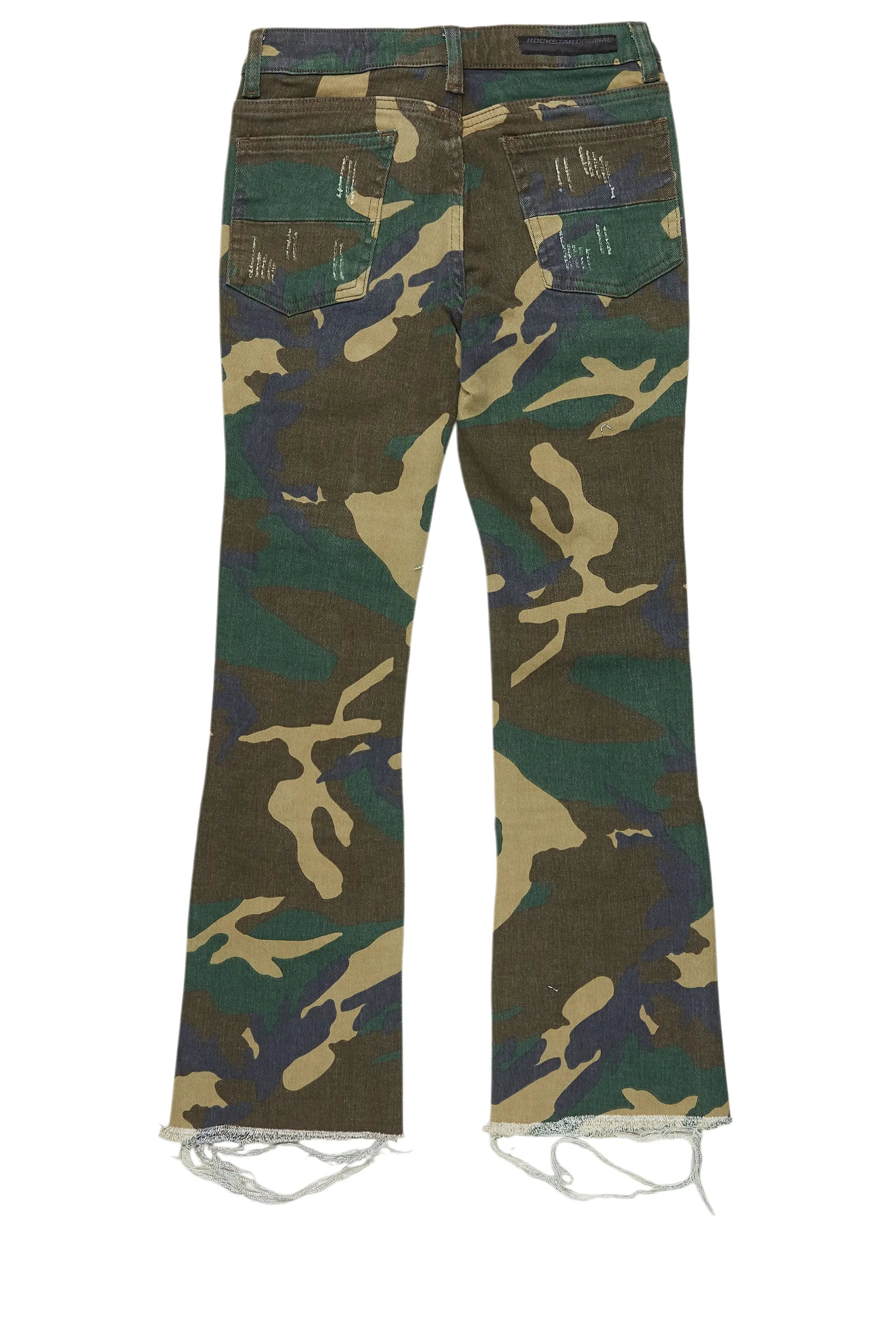 Girls Aimee Green Camo/Grey Hoodie/Stacked Flare Jean Set