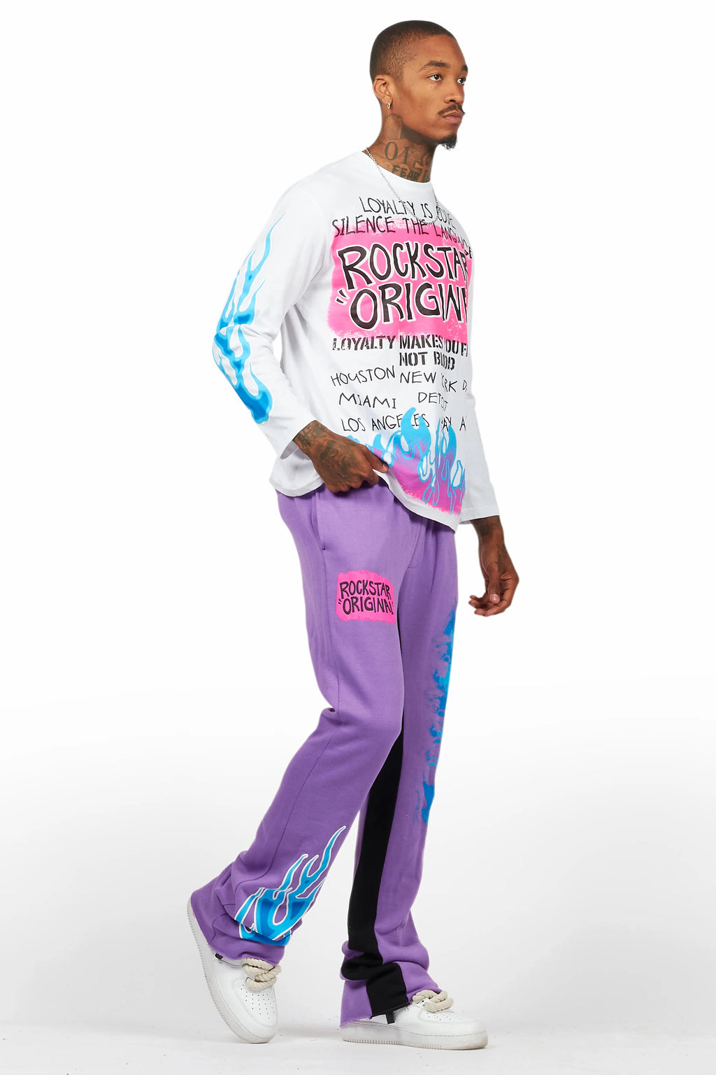 Beno Purple/White Long Sleeve T-Shirt/Baggy Pant Set