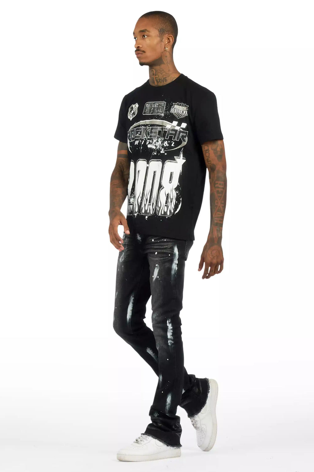 Amos Black T-Shirt/Painted Stacked Flare Jean