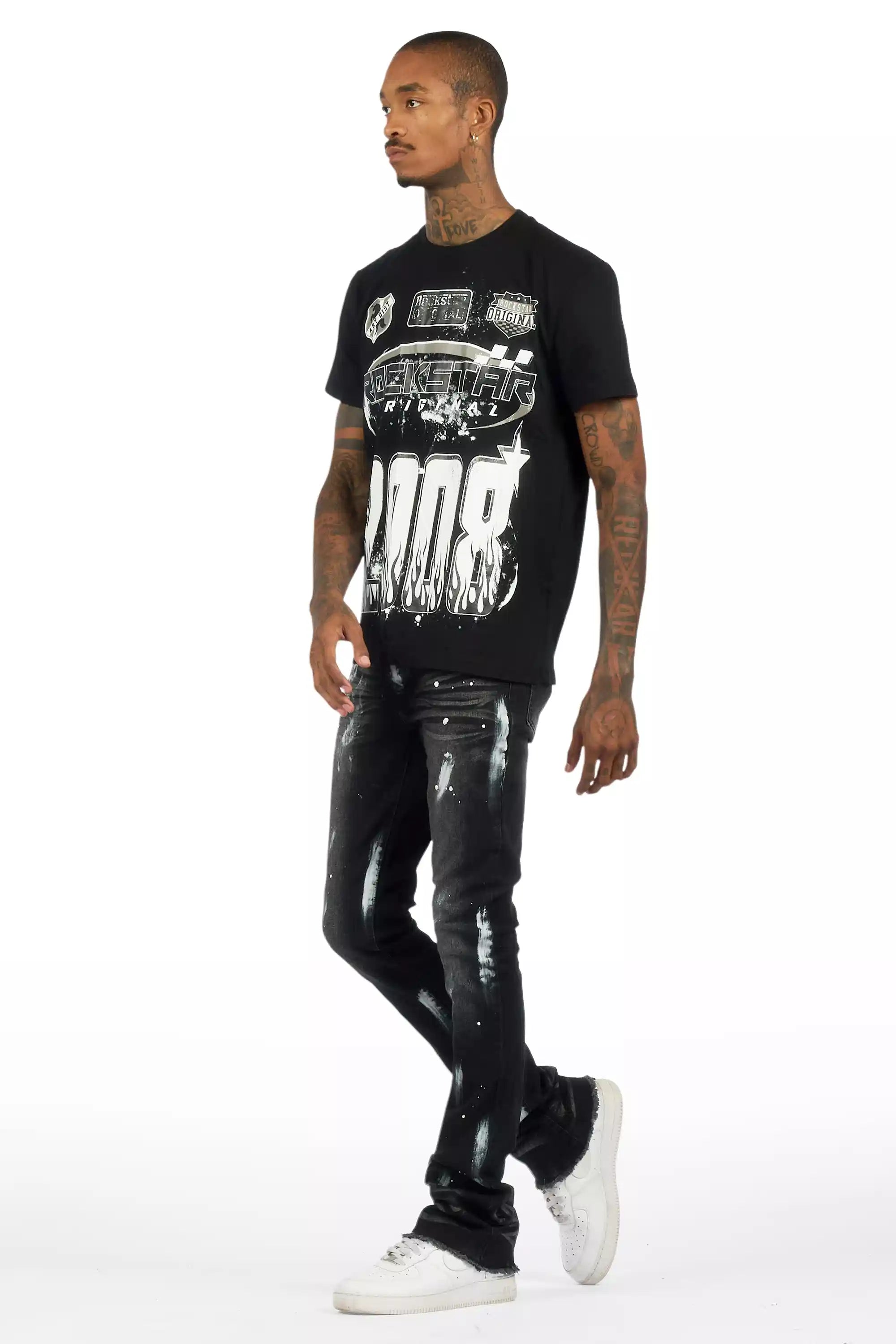 Amos Black T-Shirt/Painted Stacked Flare Jean