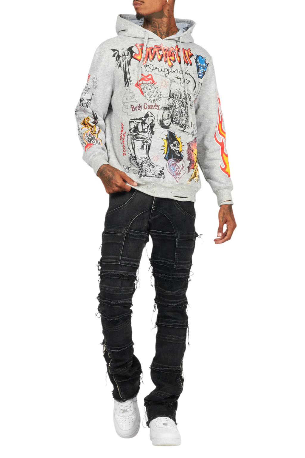Shoota Heather Grey Distressed Graphic Hoodie