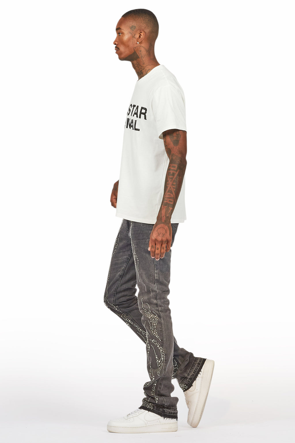 Tachi Dark Grey Rhinestone Stacked Flare Jean