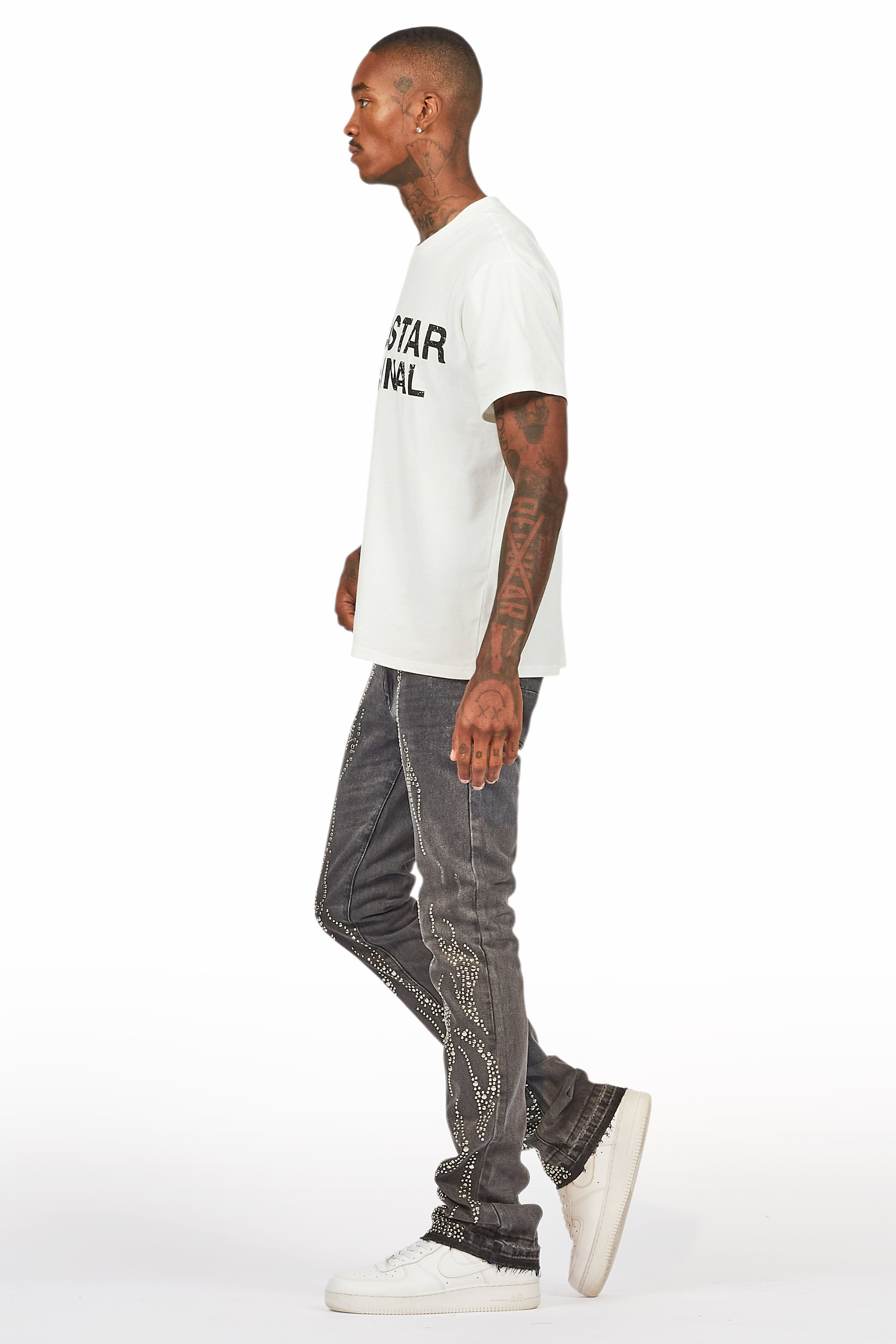 Tachi Dark Grey Rhinestone Stacked Flare Jean