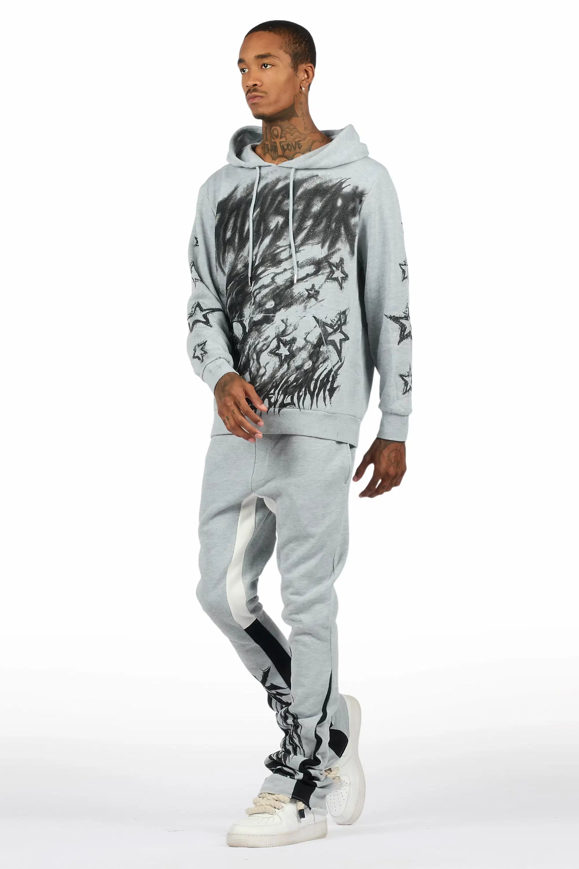 Nelz Heather Grey/Black Hoodie/Stacked Track Pant Set