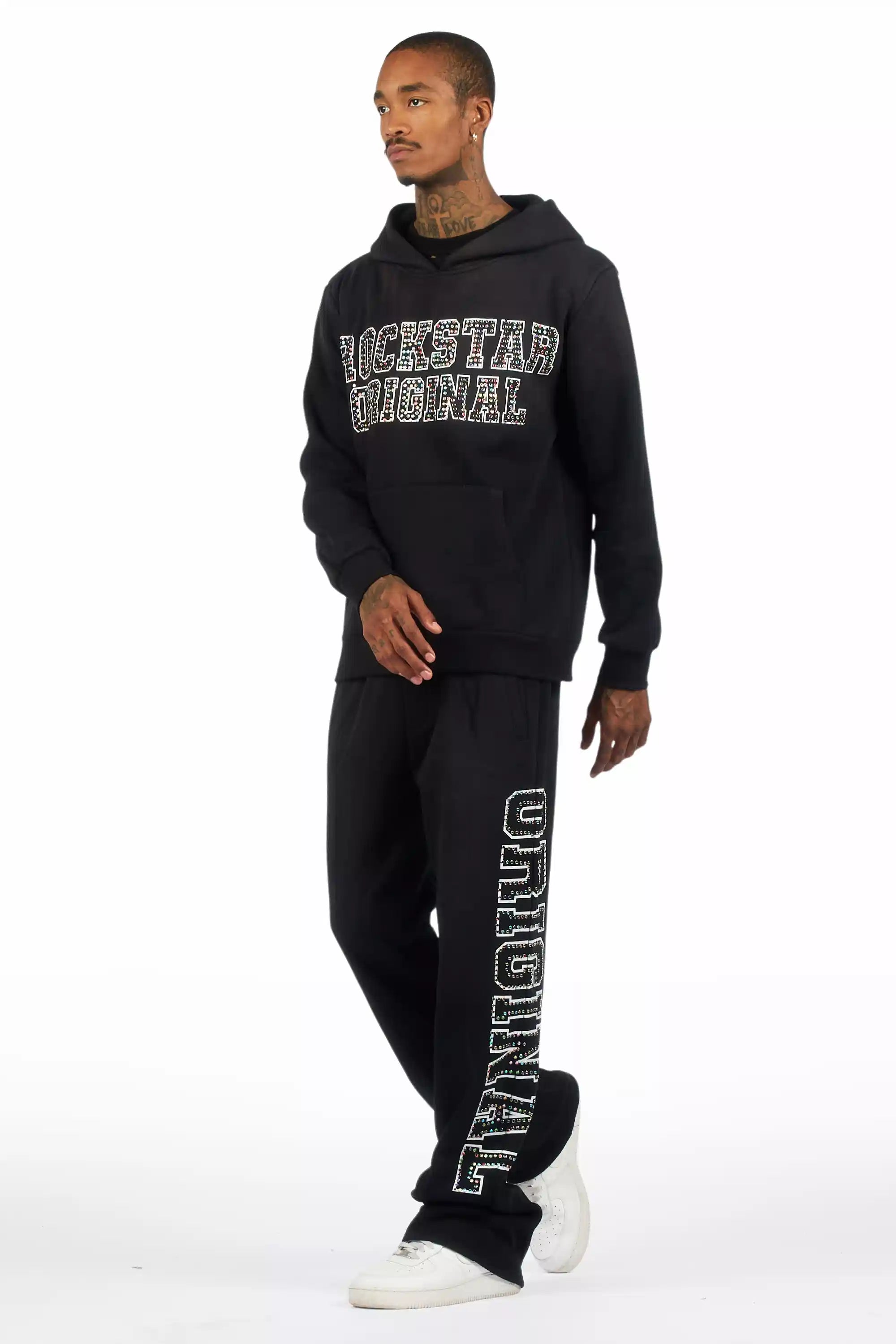 Ustin Black Rhinestone Hoodie Relaxed Track Set