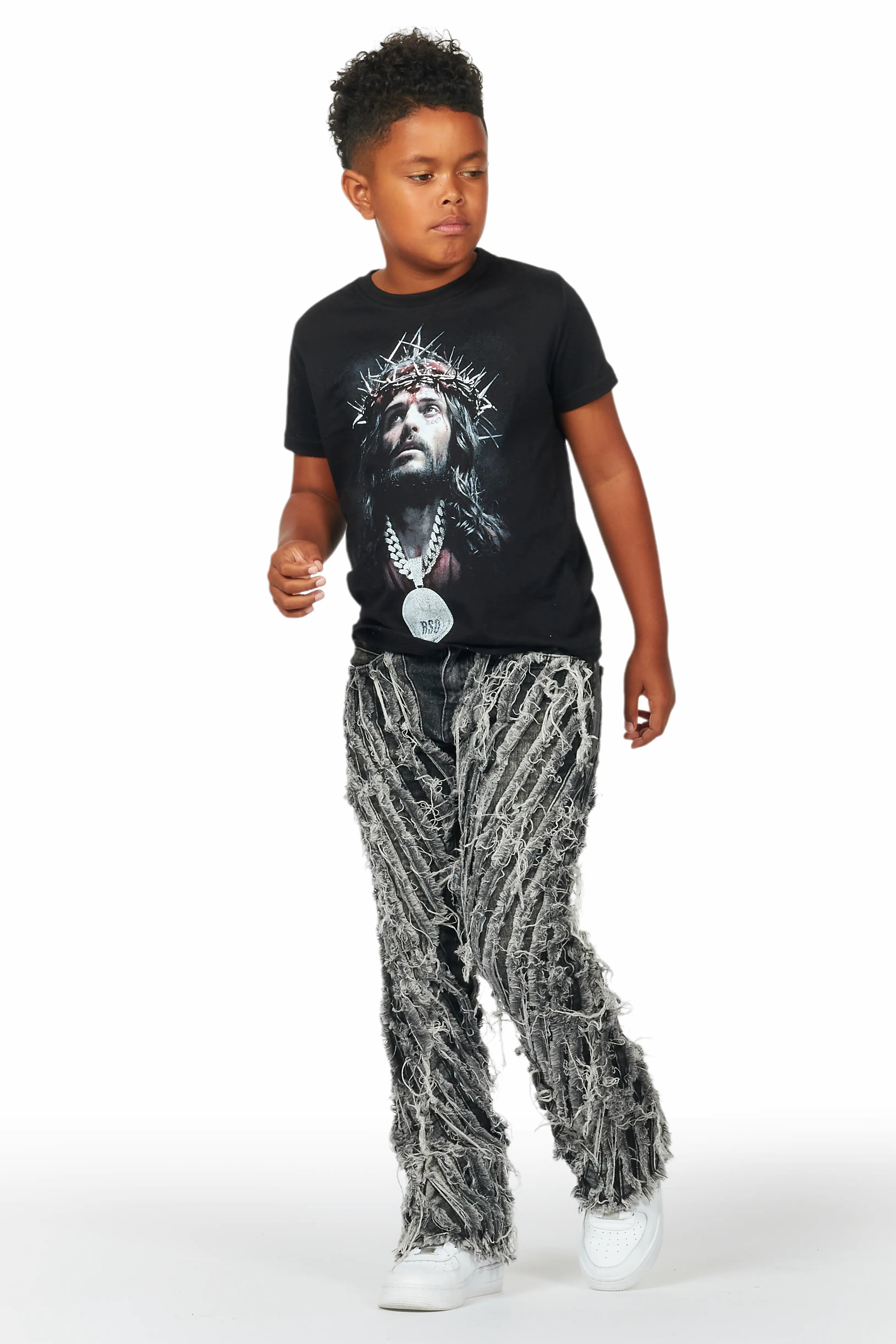 Boys Amina Black T-Shirt/Stack Flare Jean Set