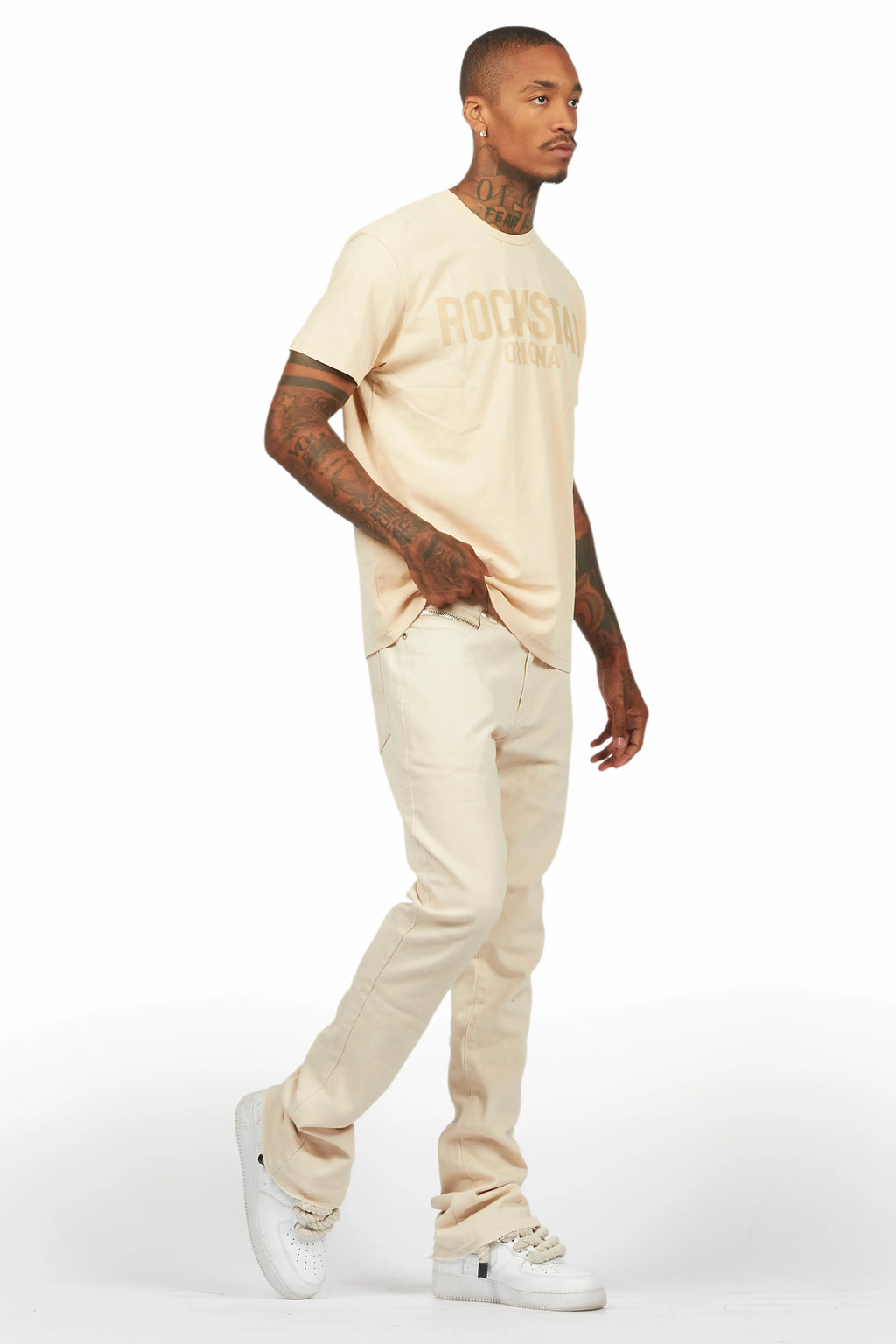 Sana Sand/Beige T-Shirt/Dag Stacked Flare Jean Set