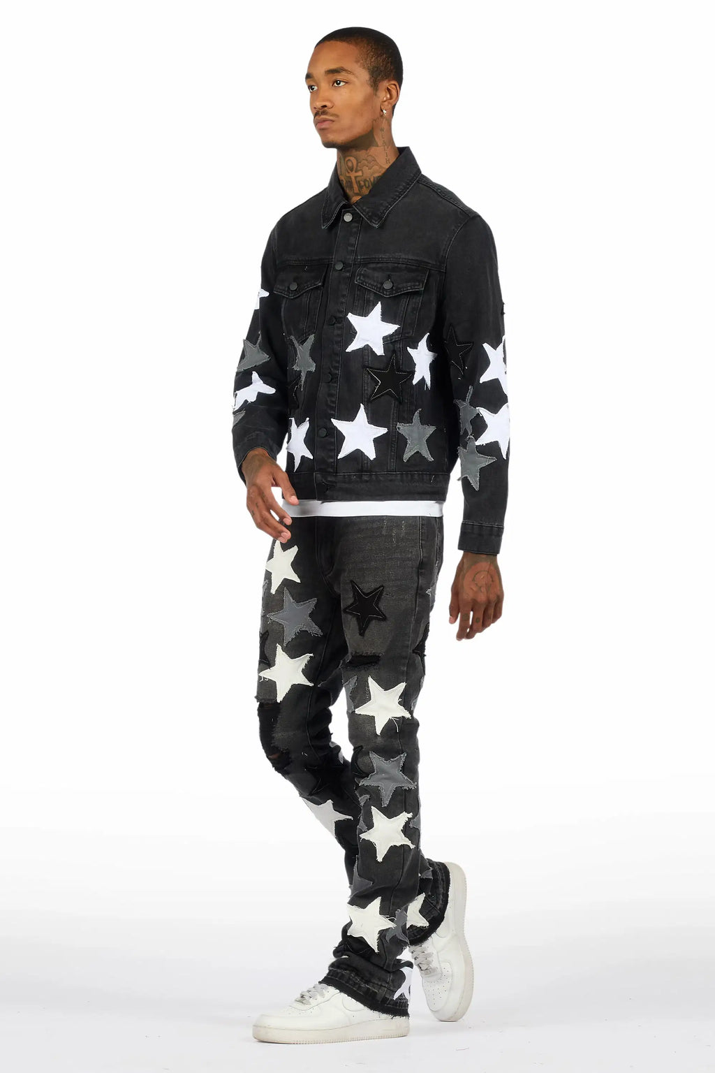 Starlane Jet Black Denim Jacket/Stacked Flare Jean Set