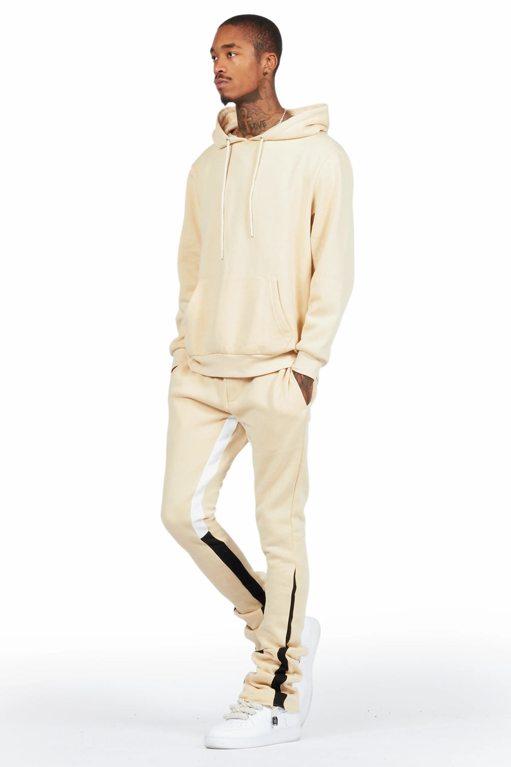 Basic Beige Hoodie/Stacked Flare Track Set
