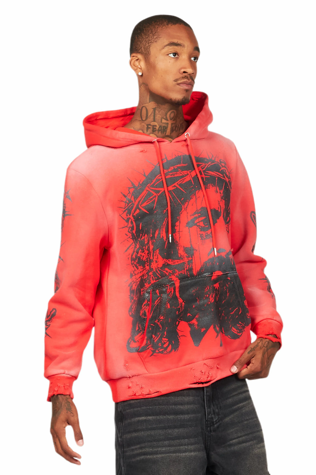 Bedros Red Graphic Distressed Hoodie