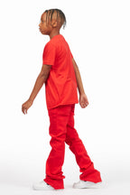 Boys Sana Red T-Shirt/Dag Stacked Flare Jean Set