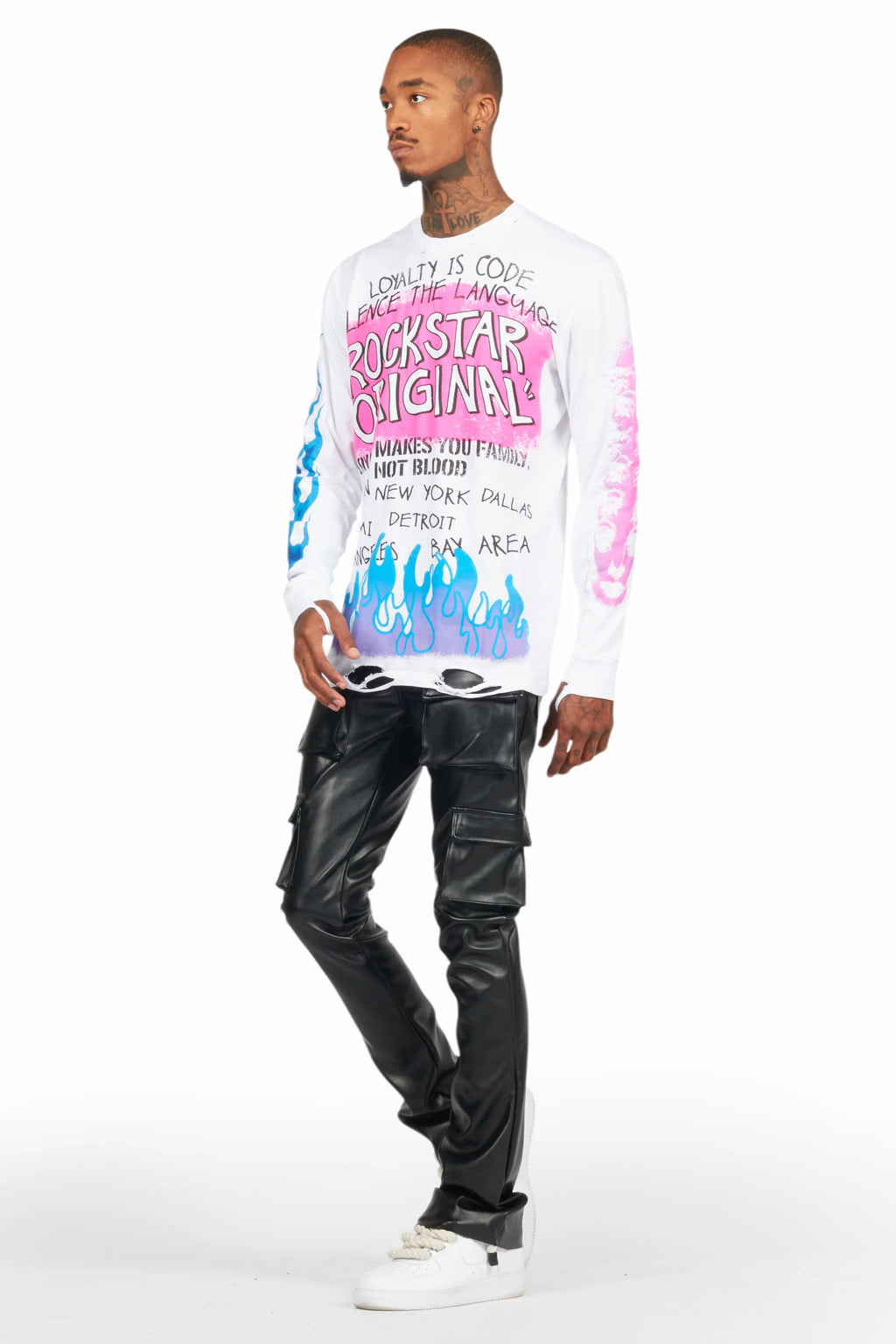 Beno White Long Sleeve Distressed Graphic T-Shirt