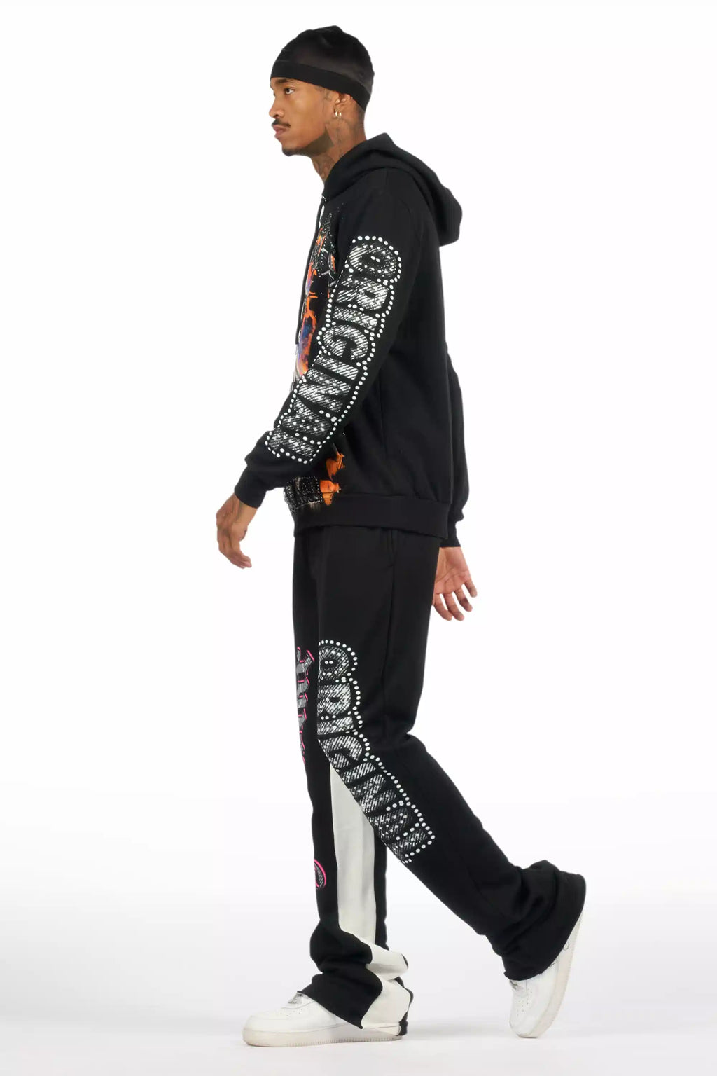 Bixner Black/Multi Hoodie/Baggy Stacked Track Pant Set
