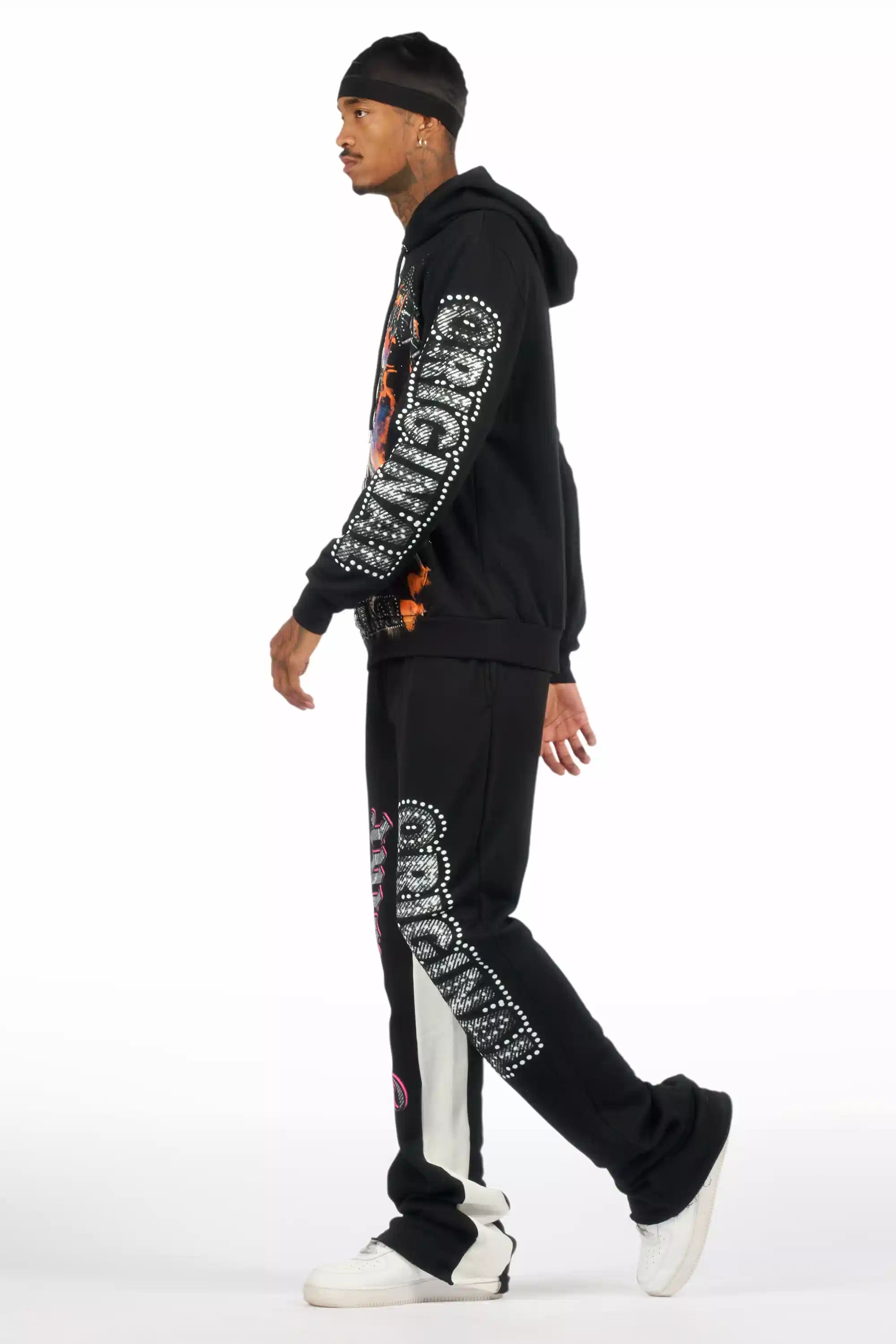 Bixner Black/Multi Hoodie/Baggy Stacked Track Pant Set