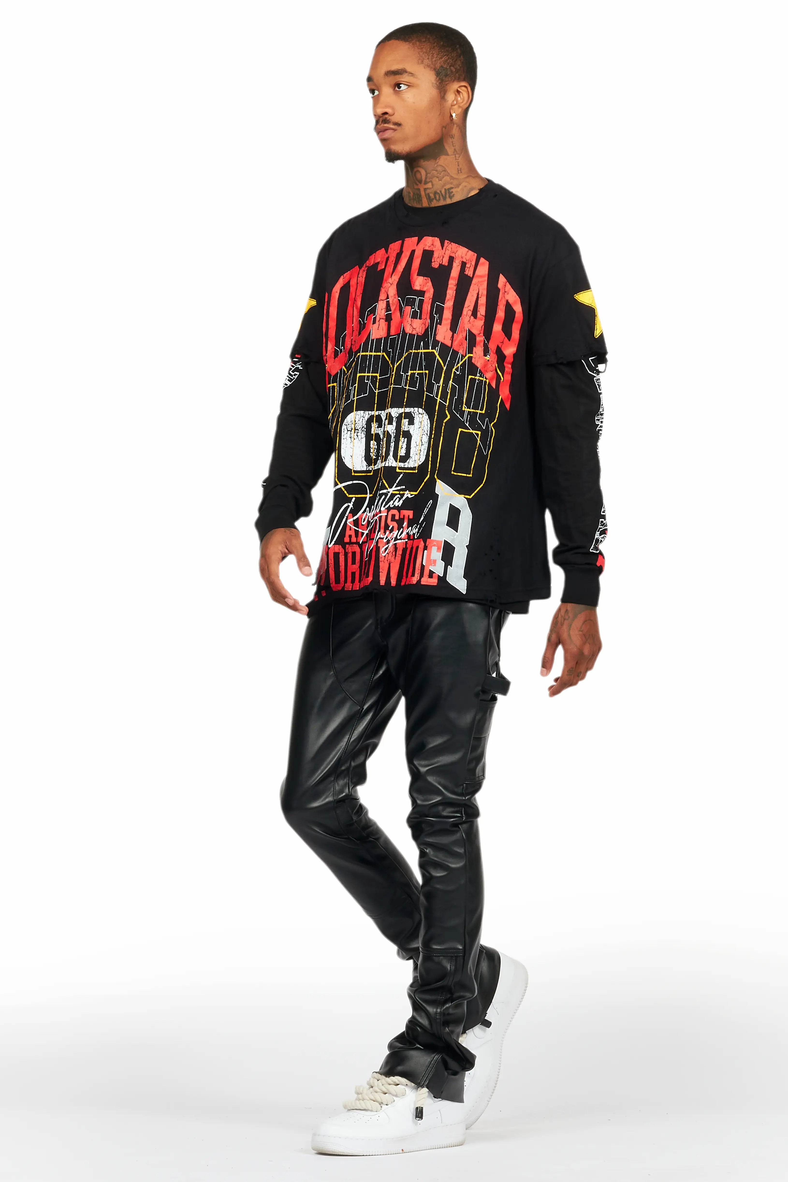 Santie Black Double Layer Long Sleeve Graphic T-Shirt