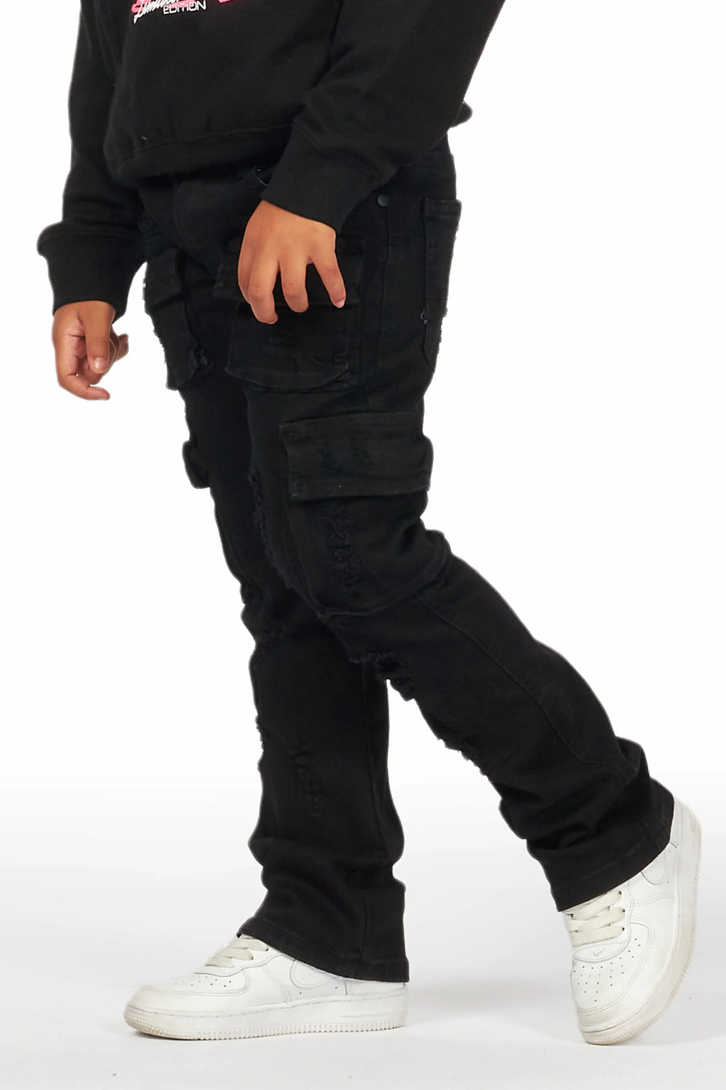 Girls Zaira Black Cargo Stacked Flare Jean