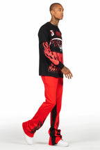 Amos Black/Red Double Layer T-Shirt/Stacked Baggy Pant Set