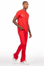 Sana Red T-Shirt/Dag Stacked Flare Jean Set
